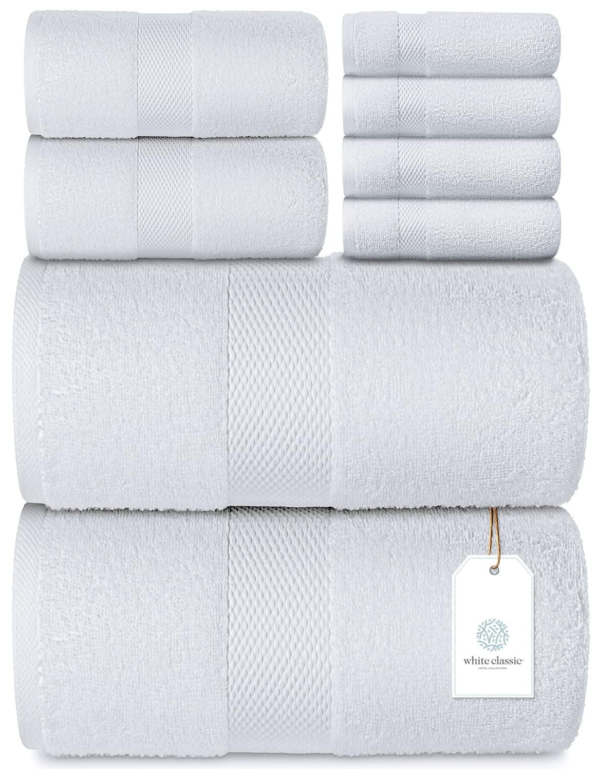 White Classic Luxury Cotton 8 Piece Towel Set with Washcloths and Hand Towels