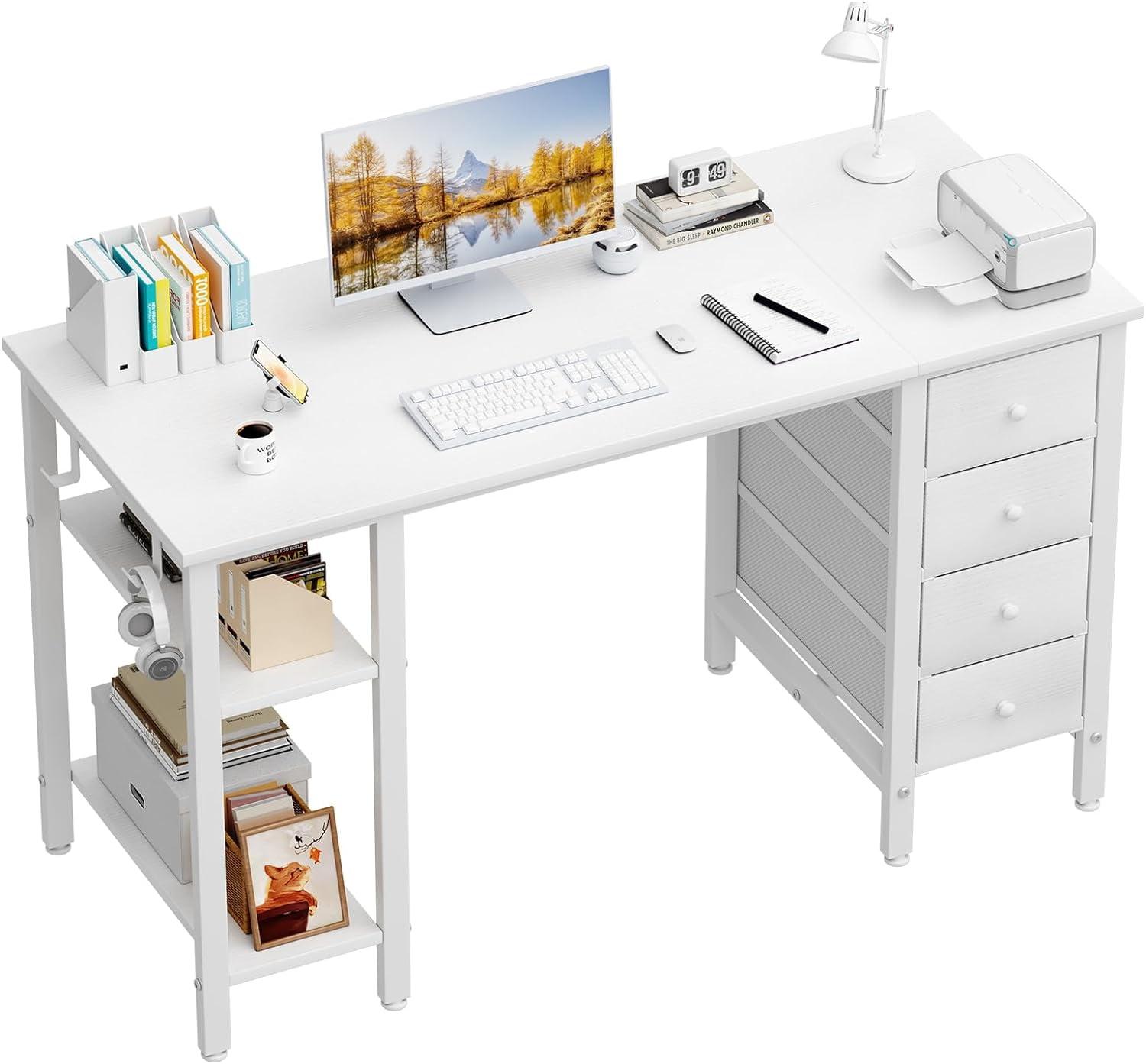 White Computer Desk with Drawers & Storage Shelves, 47 Inch Study Work Writing Desk for Home Office Bedroom, Simple Modern Cute PC Desks Table, White