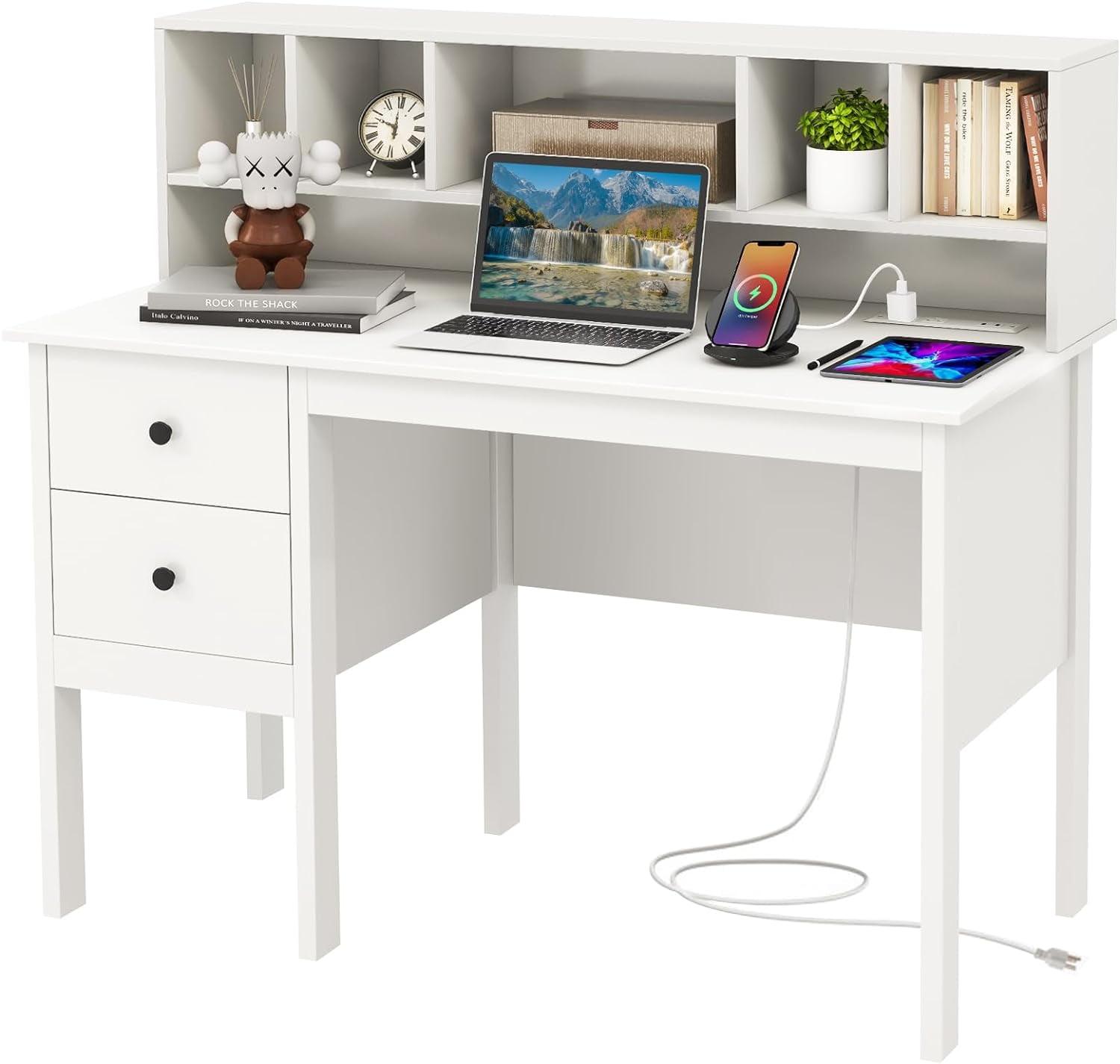 White Modern Wood Desk with Hutch and Drawers