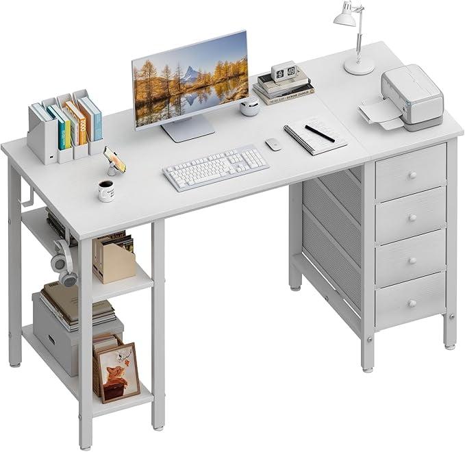 White 47" Computer Desk with Drawers and Power Outlet