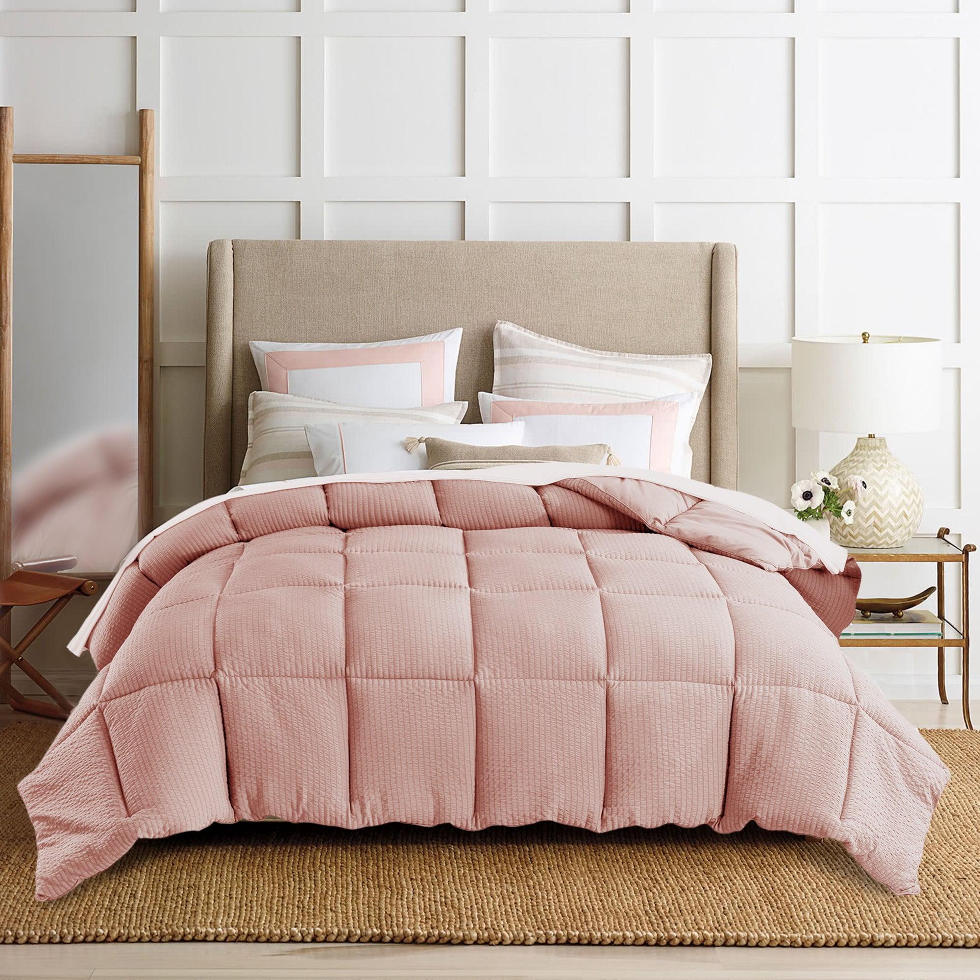 Kasentex  Winter Warmth Quilted Comforter, Cozy Soft Seersucker Textured, Down Alternative Fill Pink Queen