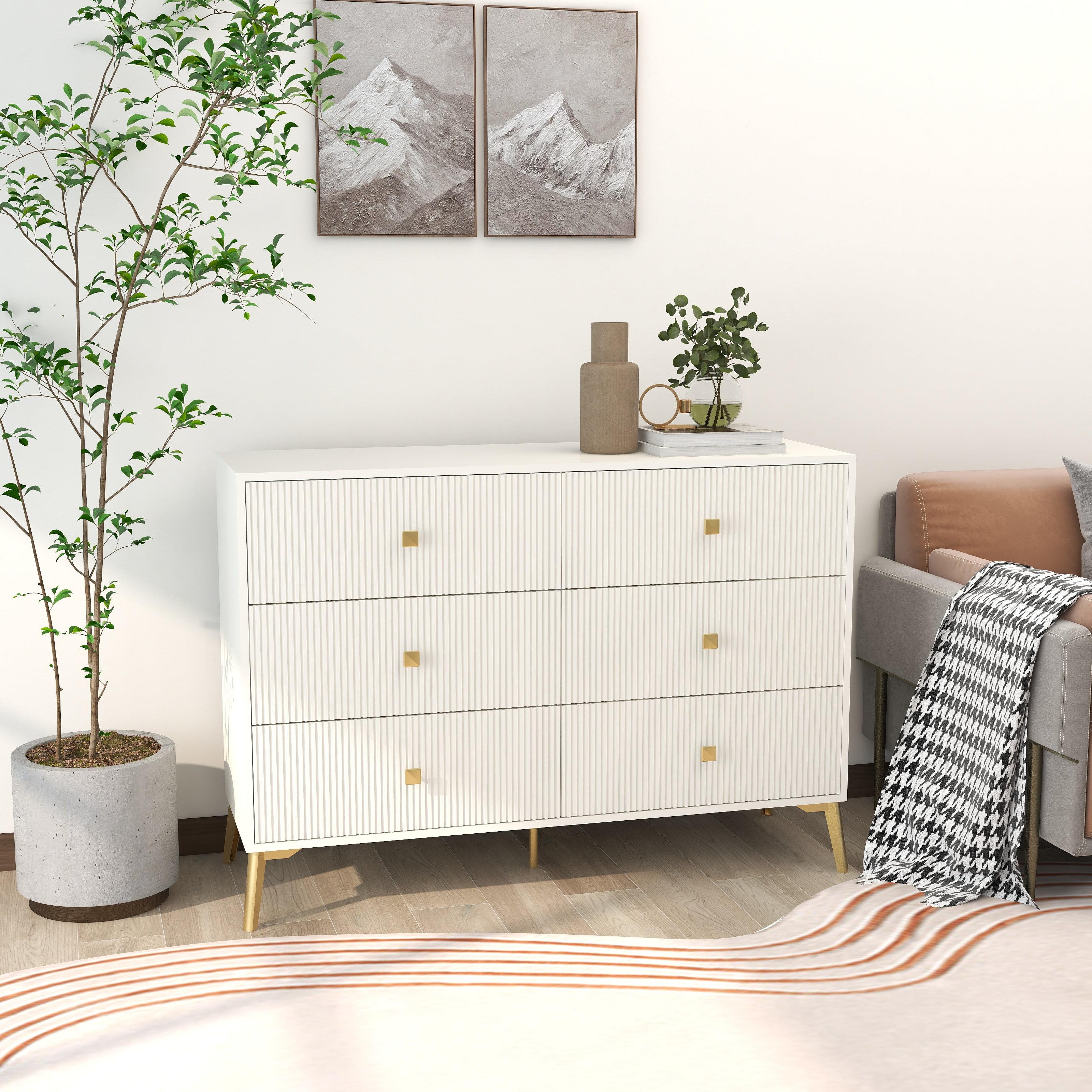 6 Drawer Dresser for Bedroom,Modern Bedroom Dresser,Fluted White and Gold Dresser with Curved Profile Design