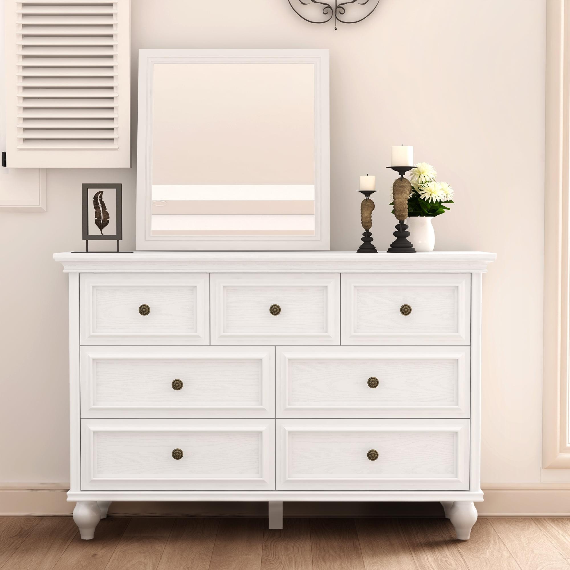 Yesfashion White Dresser, Modern Dresser for Bedroom, 7 Drawer Double Dresser with Wide Drawer and Metal Handles, Wood Dressers & Chests of Drawers for Hallway, Entryway