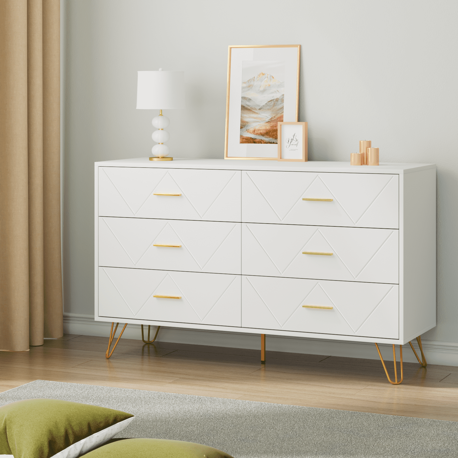 White Modern 6-Drawer Dresser with Gold Handles and Legs