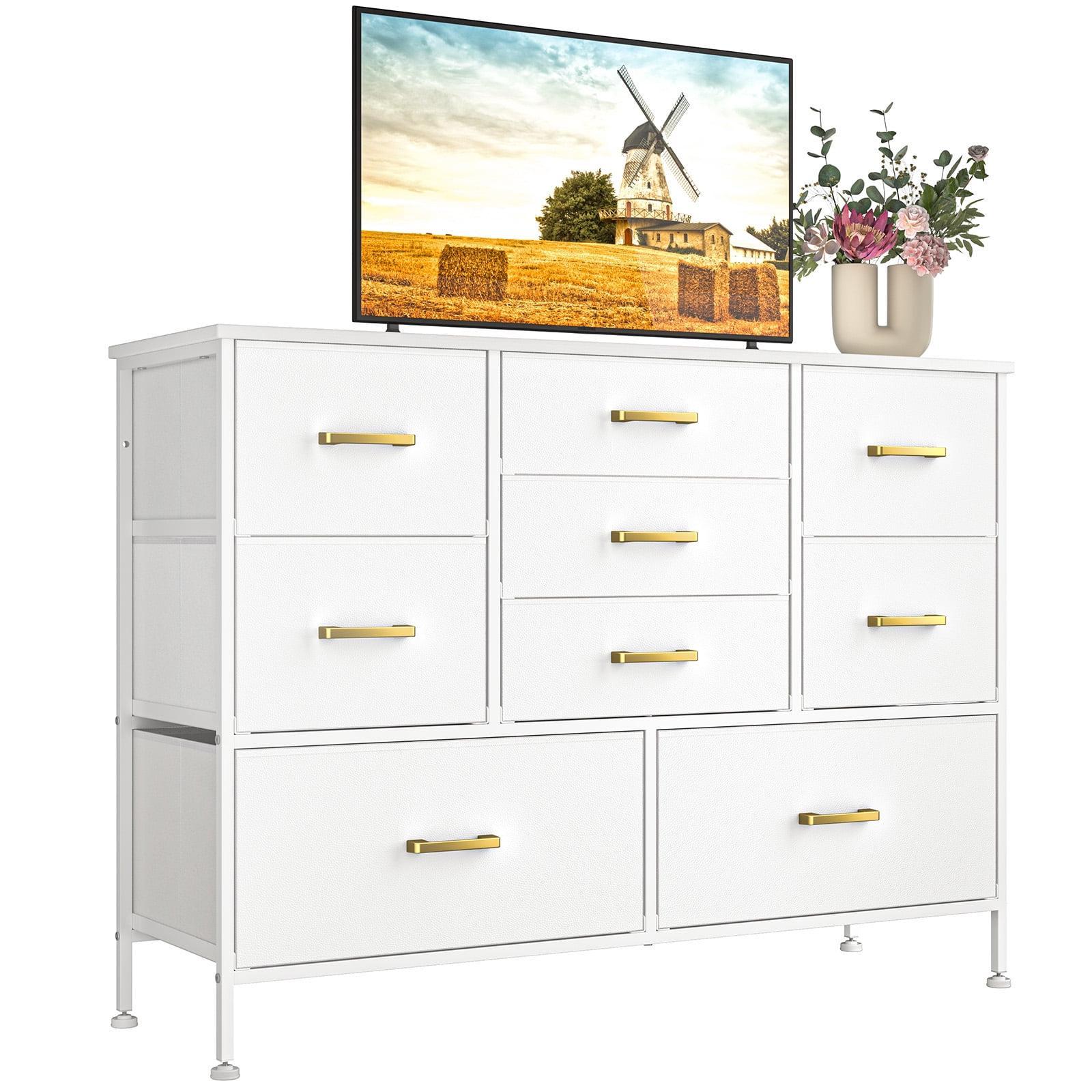 White Fabric Chest of Drawers with Leather Finish, Wide Dresser for Bedroom & Living Room TV Stand, Entertainment Center, Featuring 9 Drawers for 50” TV