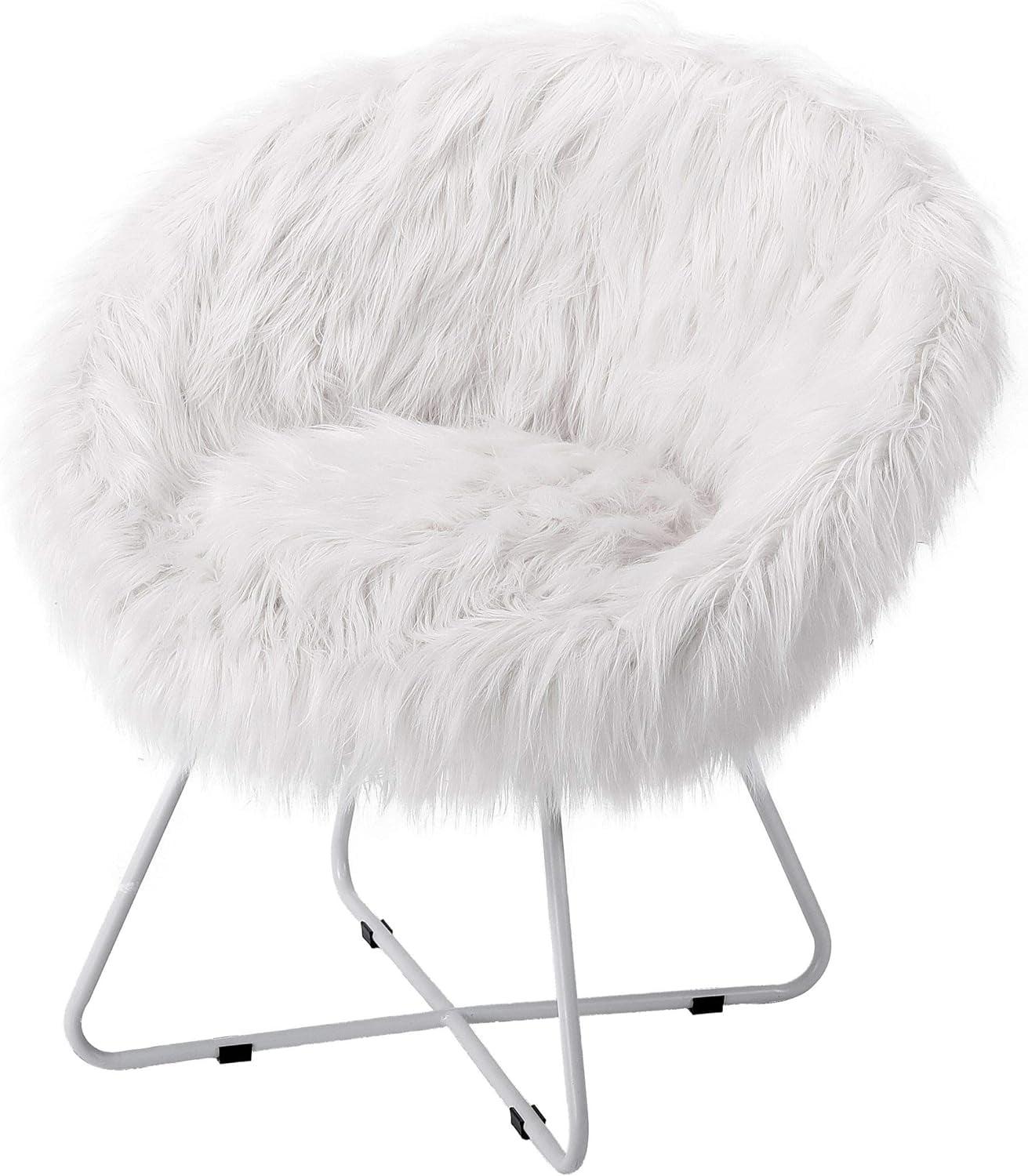 White Faux Fur Papasan Chair with Silver Metal Legs