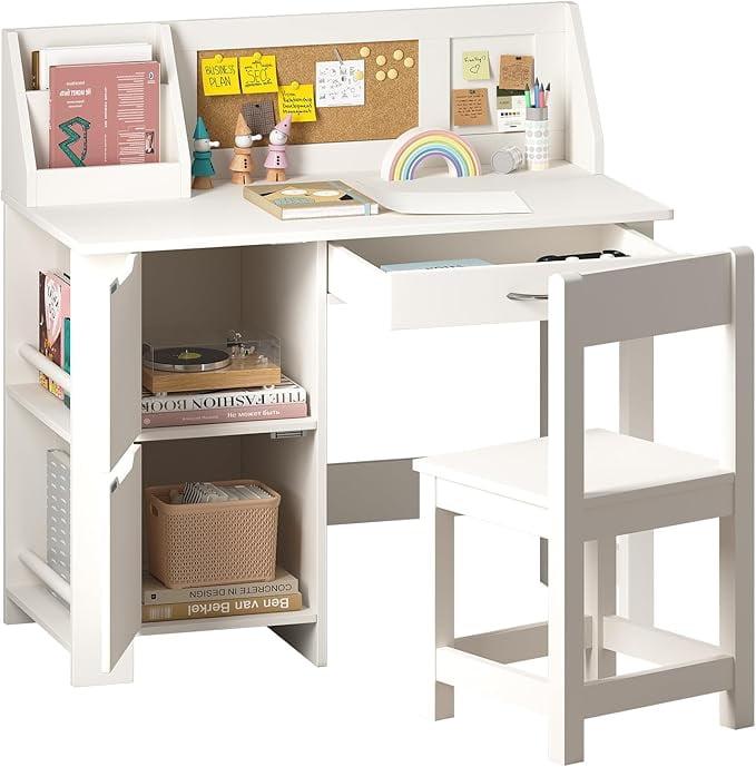 Children's White Study Desk & Chair Set with Bookshelf, Bulletin Board, and Storage Cabinets - Perfect for Ages 3-8