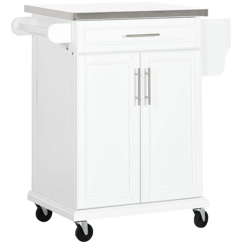 Qumbnk Stainless Steel Top Kitchen Cart with Wheels and Drawer, Modern Rolling Kitchen Island with Towel Rack and Spice Rack, White