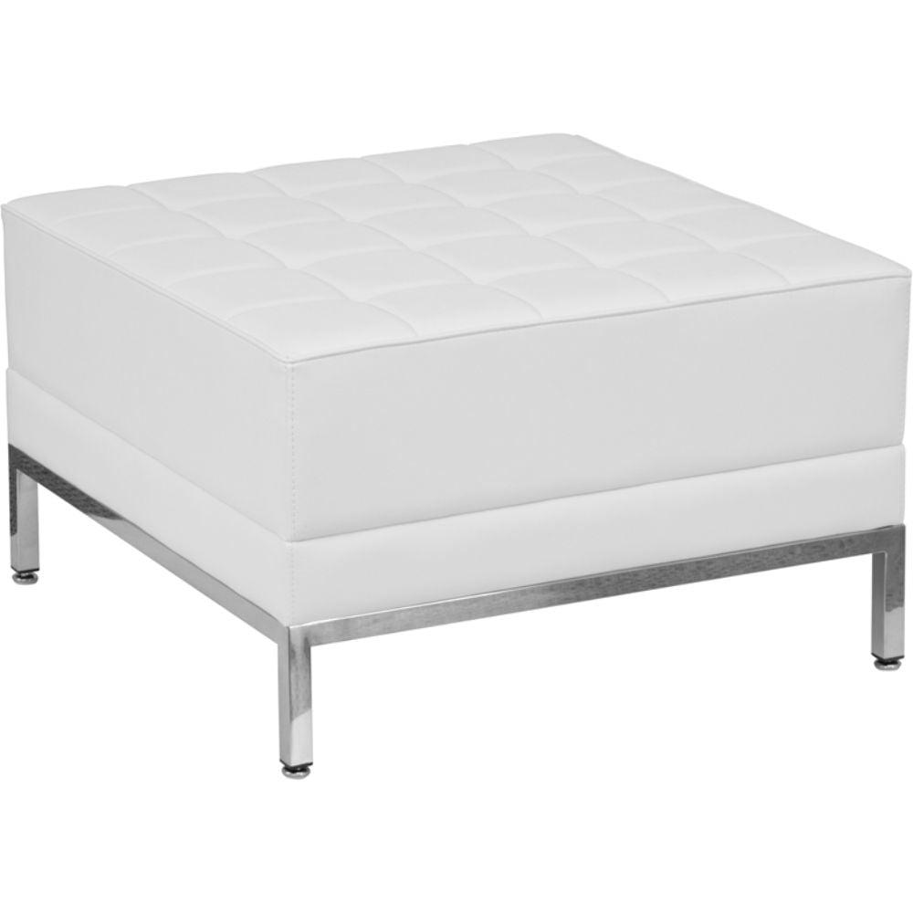 White Tufted Leather Square Ottoman with Stainless Steel Frame