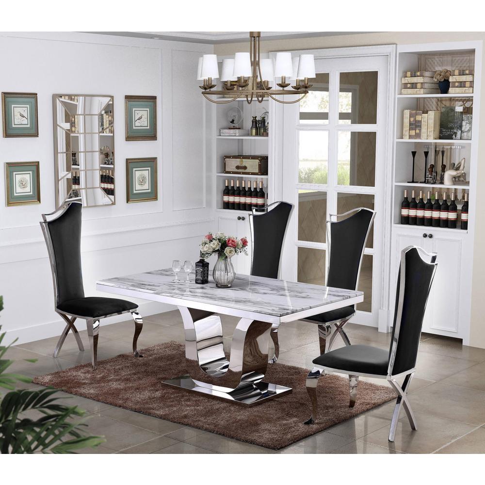 White Marble and Silver Stainless Steel 5-Piece Dining Set