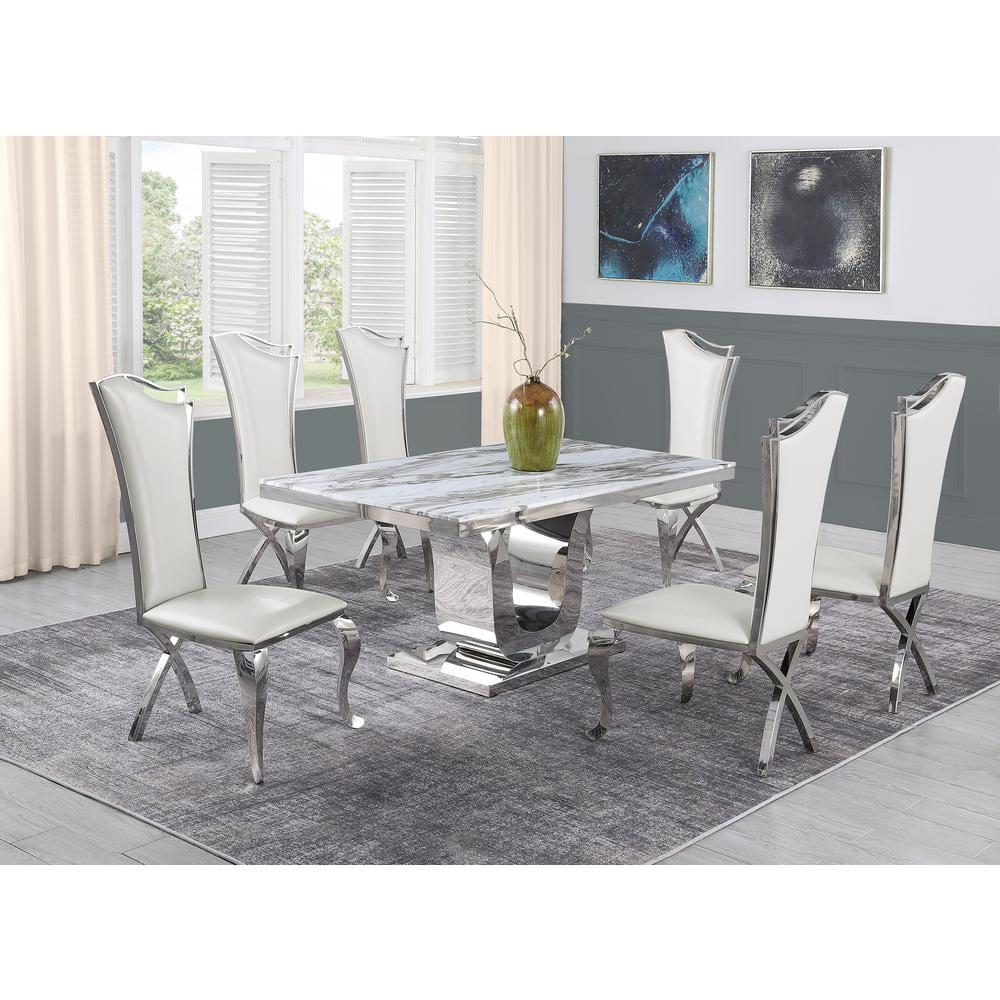 White Marble 7-Piece Dining Set with Silver Stainless Steel Base and Faux Leather Chairs