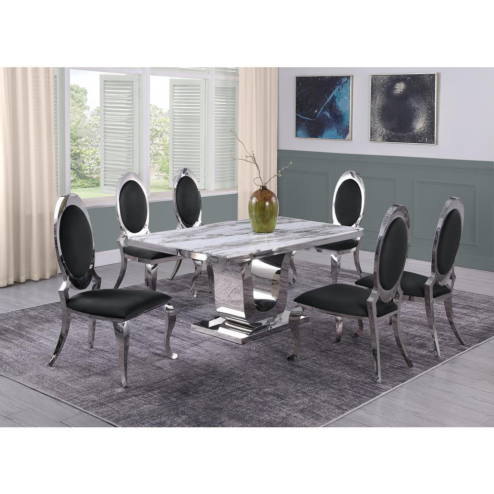 White Marble and Silver Stainless Steel 7-Piece Dining Set