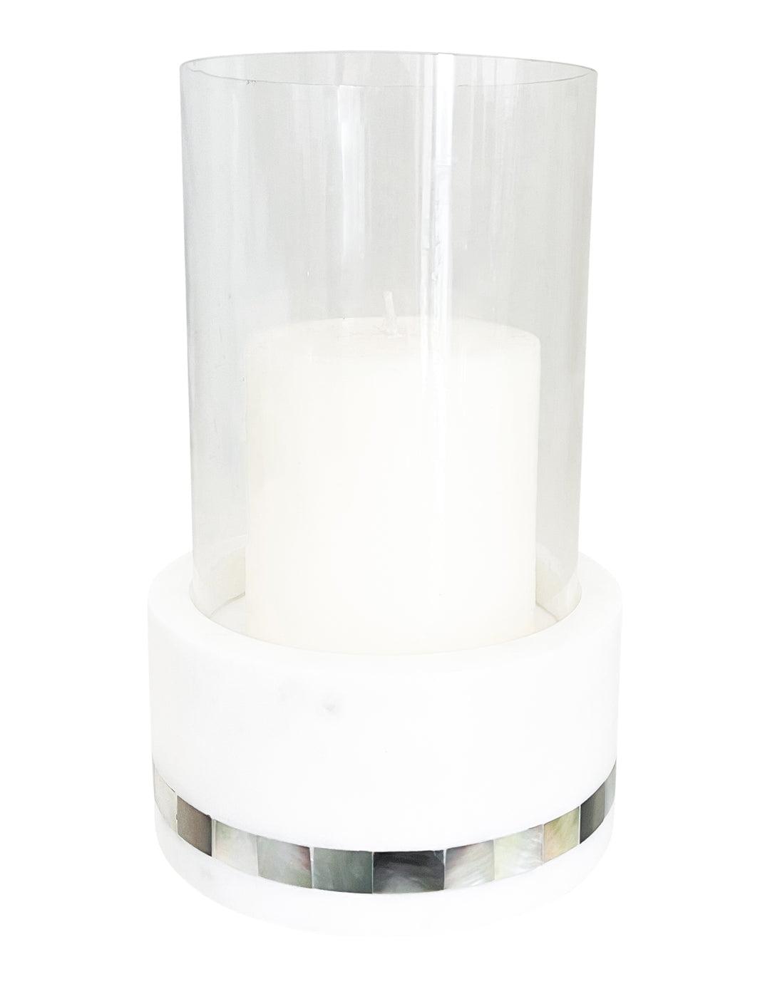 White Marble and Pearl Glass Hurricane Candle Holder