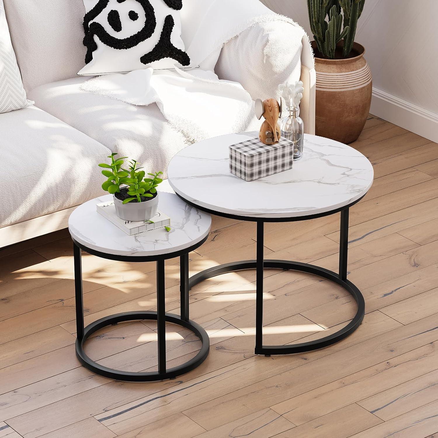 White and Black Round Wood Nesting Coffee Table Set