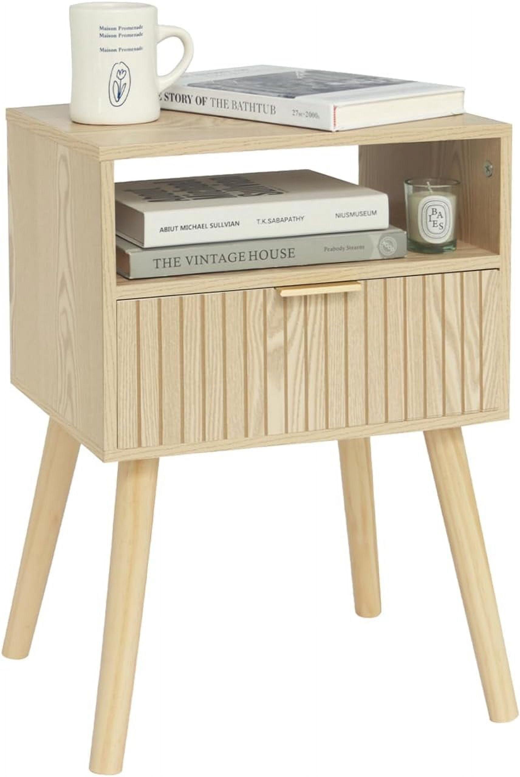 Natural Wood Mid Century Modern Nightstand with 2-Tier Storage