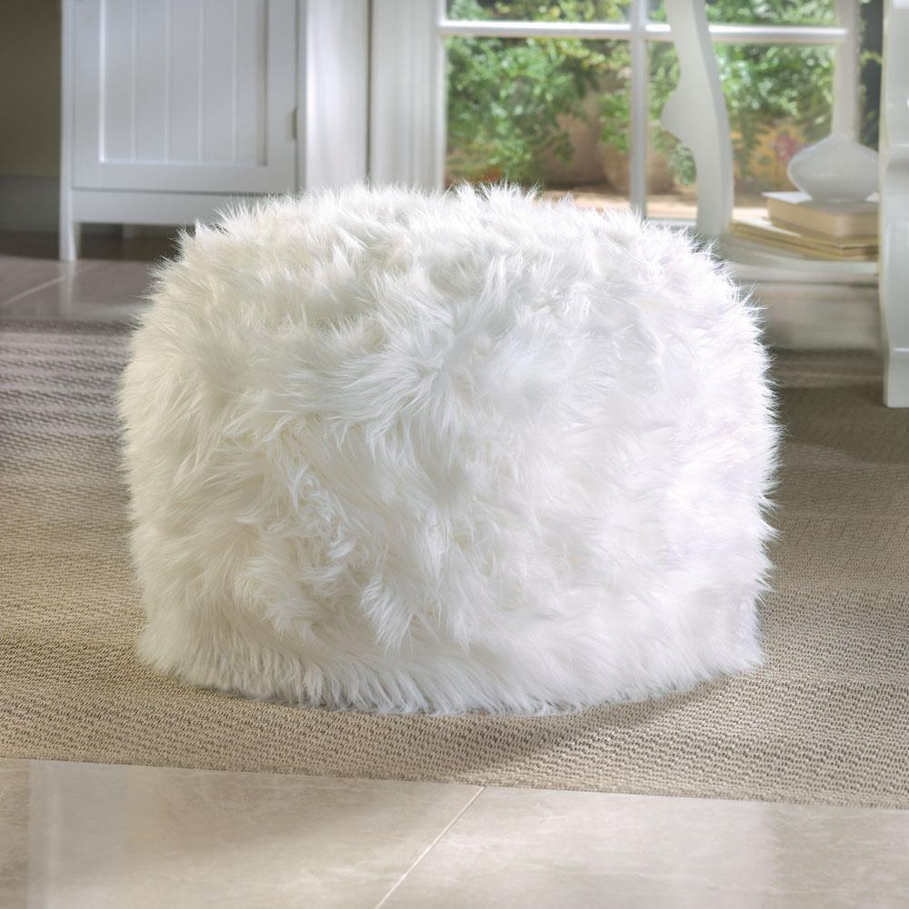 Fuzzy White Polyester Pouf Ottoman Seat