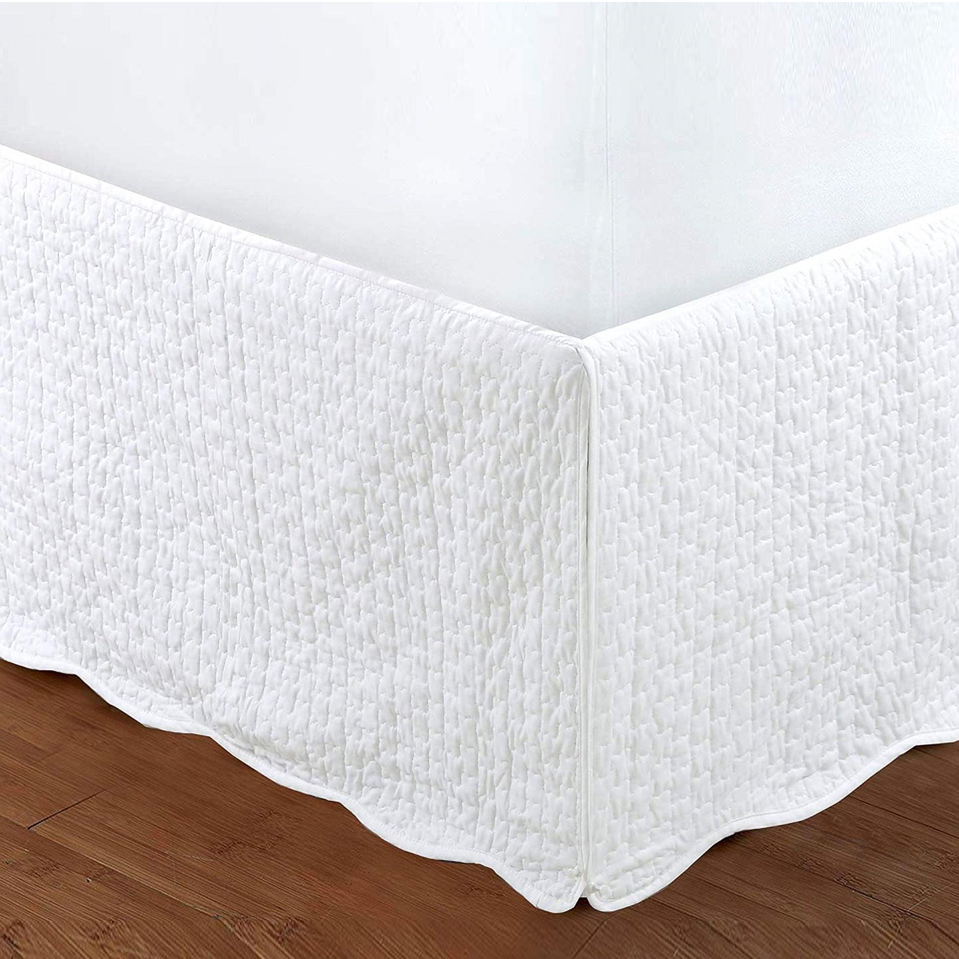 White Quilted Cotton Bed Skirt with 16" Drop for King Beds