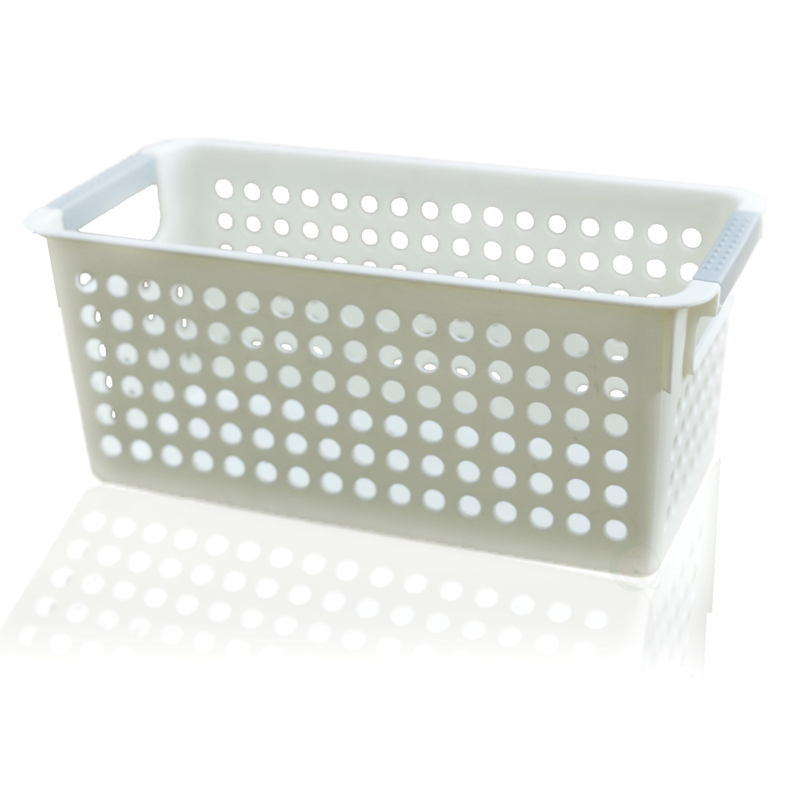 Compact White Rectangular Plastic Organizer Basket with Grip Handles
