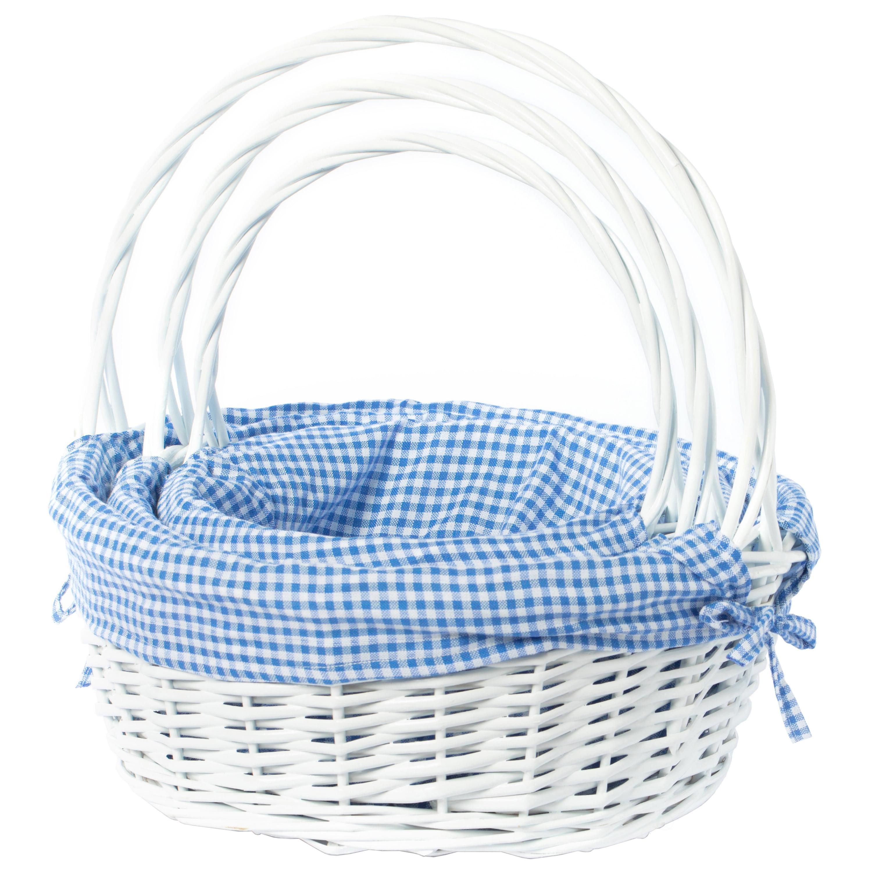 Vintiquewise White Round Willow Gift Basket, with Gingham Liner and Handle