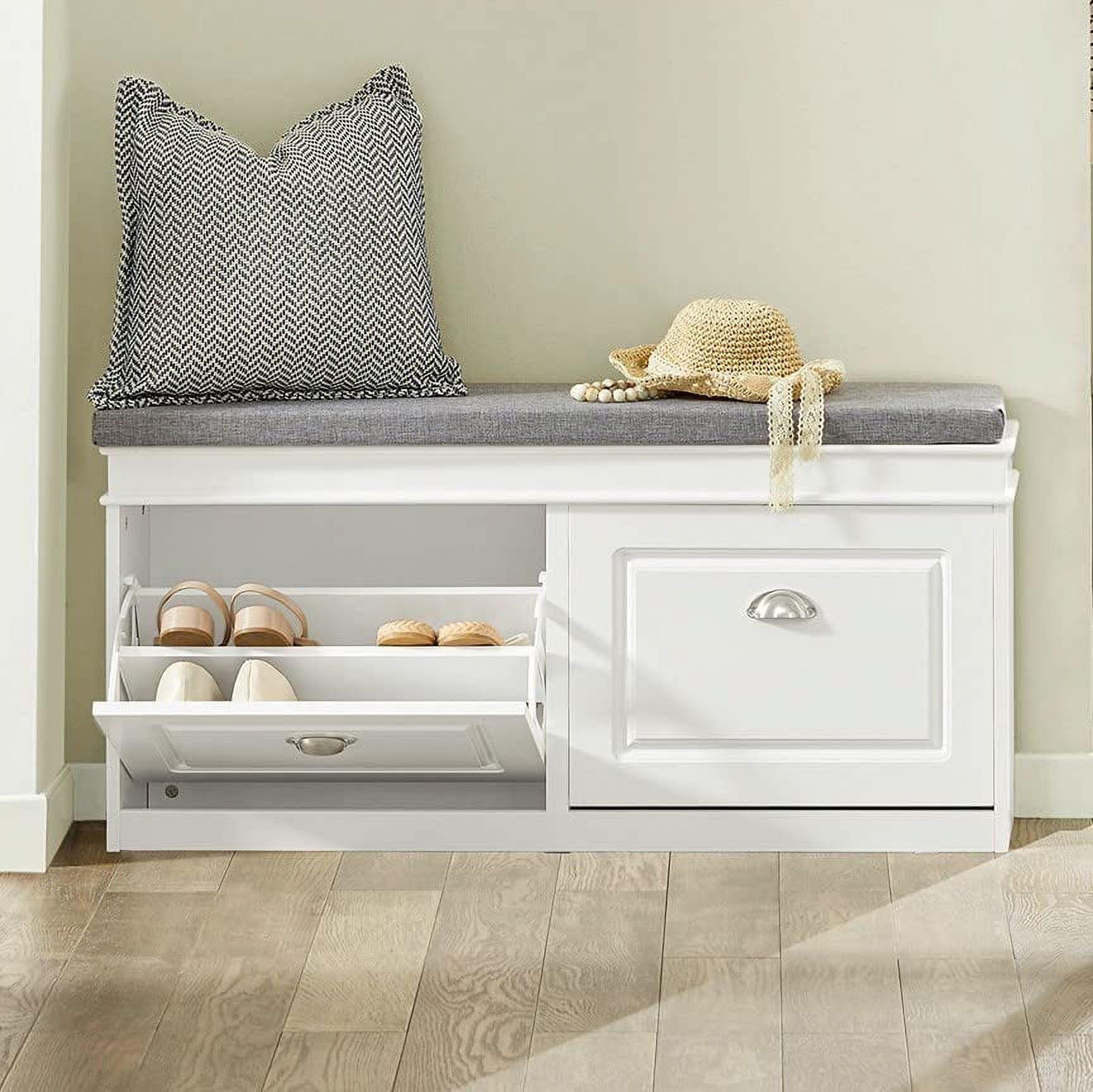 White Shoe Storage Bench with Flip Drawers and Padded Seat