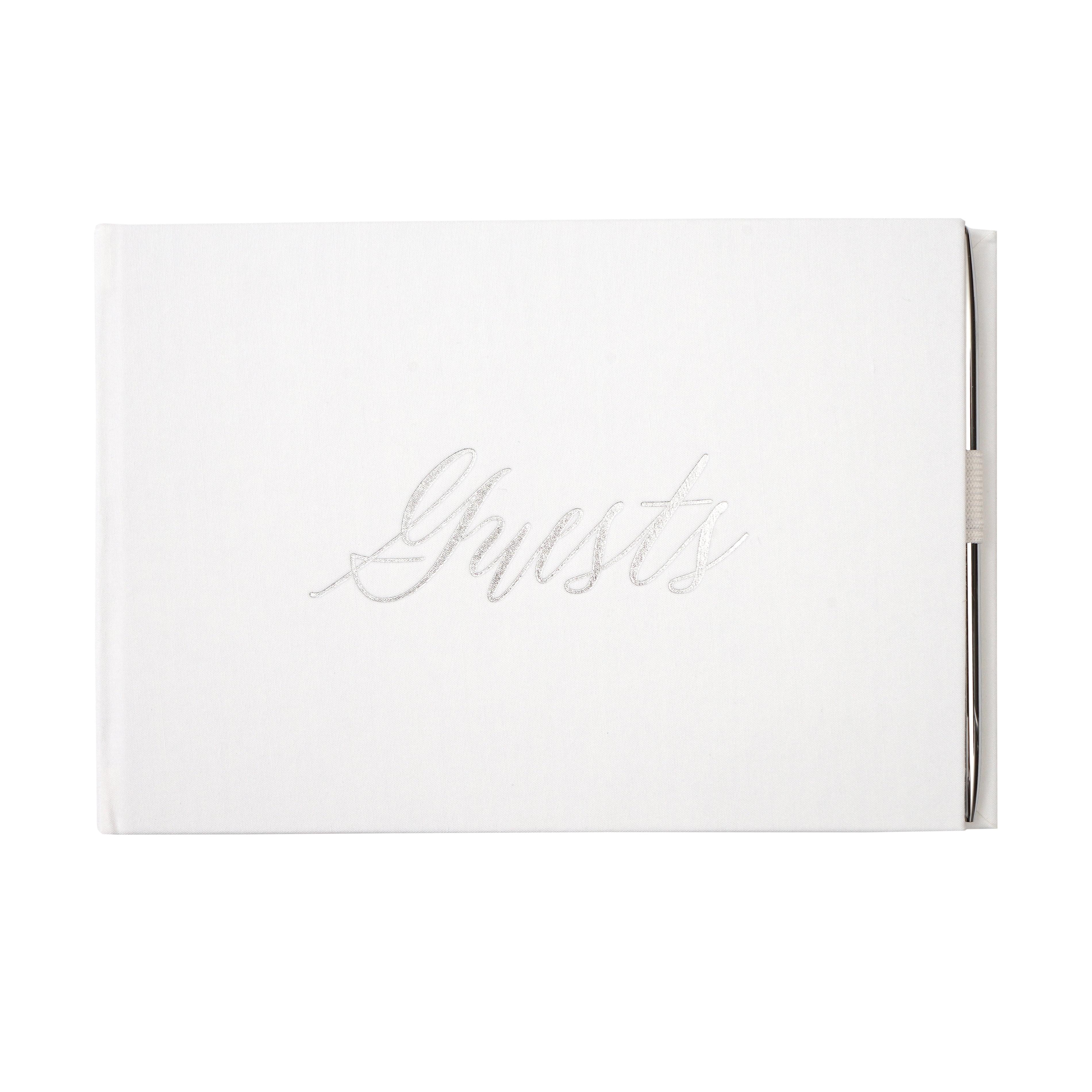 White and Silver Wedding Guest Book with Pen Set