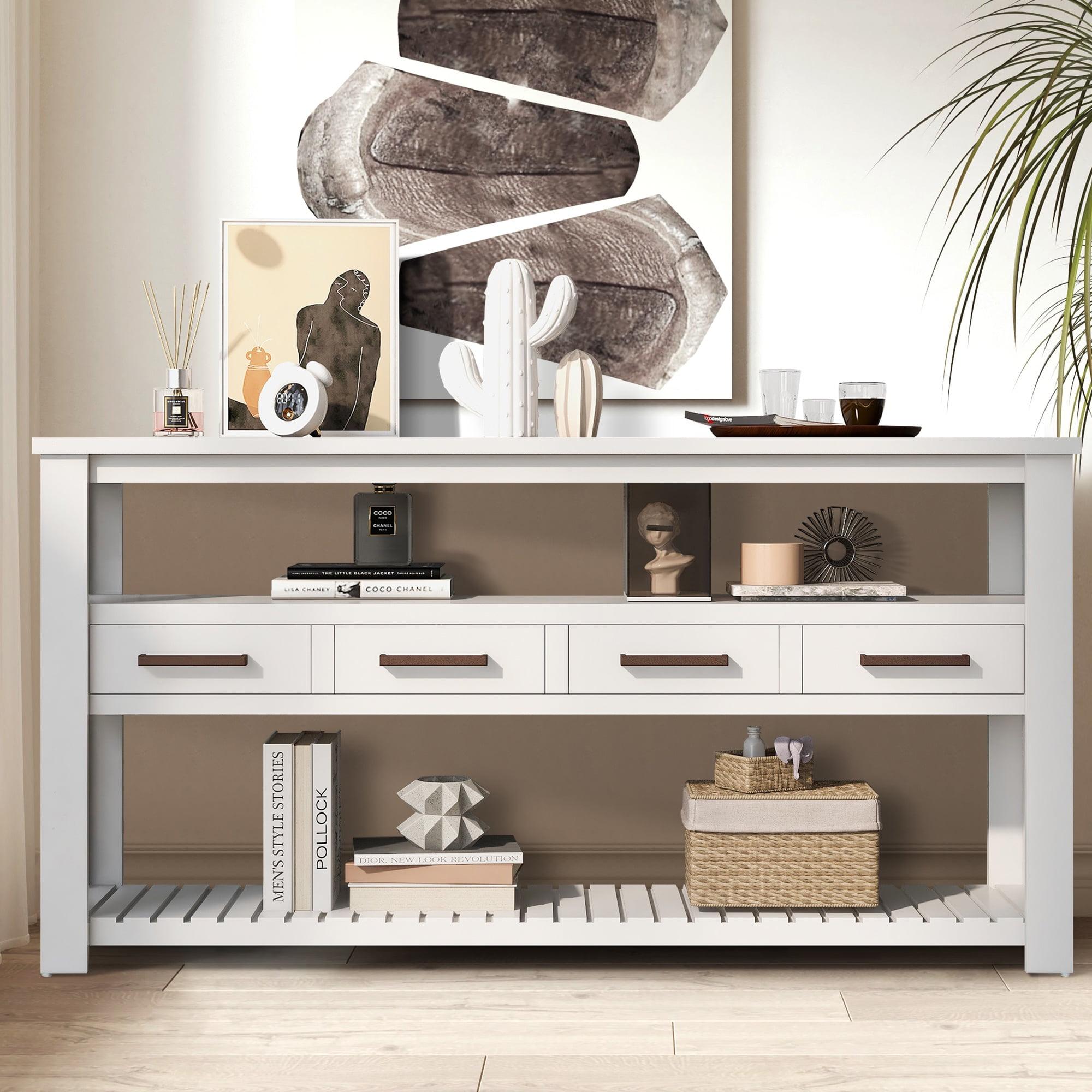 White Pine Wood Console Table with Storage Drawers and Shelves