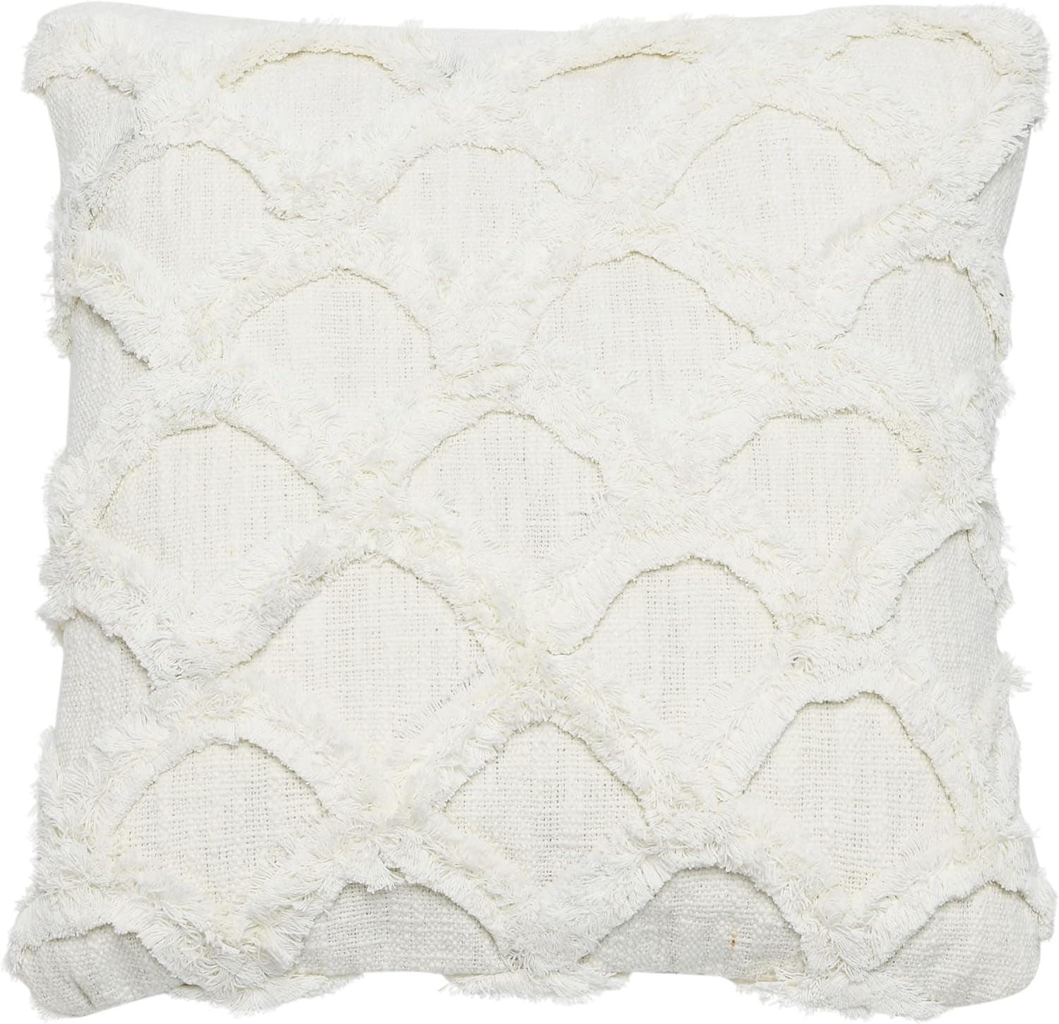 18" White Cotton Polyester Square Throw Pillow with Scallop Pattern