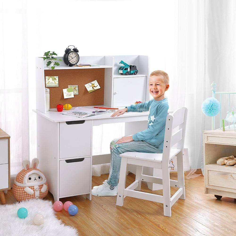 Children's White Study Desk & Chair Set with Bookshelf, Bulletin Board, and Storage Cabinets - Perfect for Ages 3-8