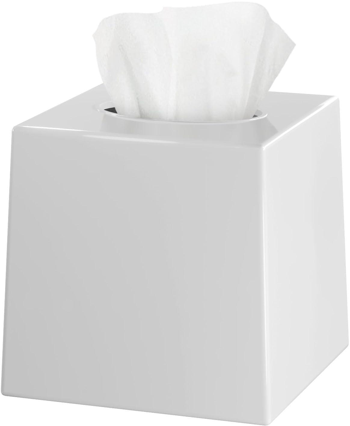 White Tissue Box Cover Square - Plastic Facial Tissue Box Holder - Decorative Cube Tissue Holder Dispenser Fits Any Vanity Countertop, Bedroom Dresser, Office, Bathroom Decor C33
