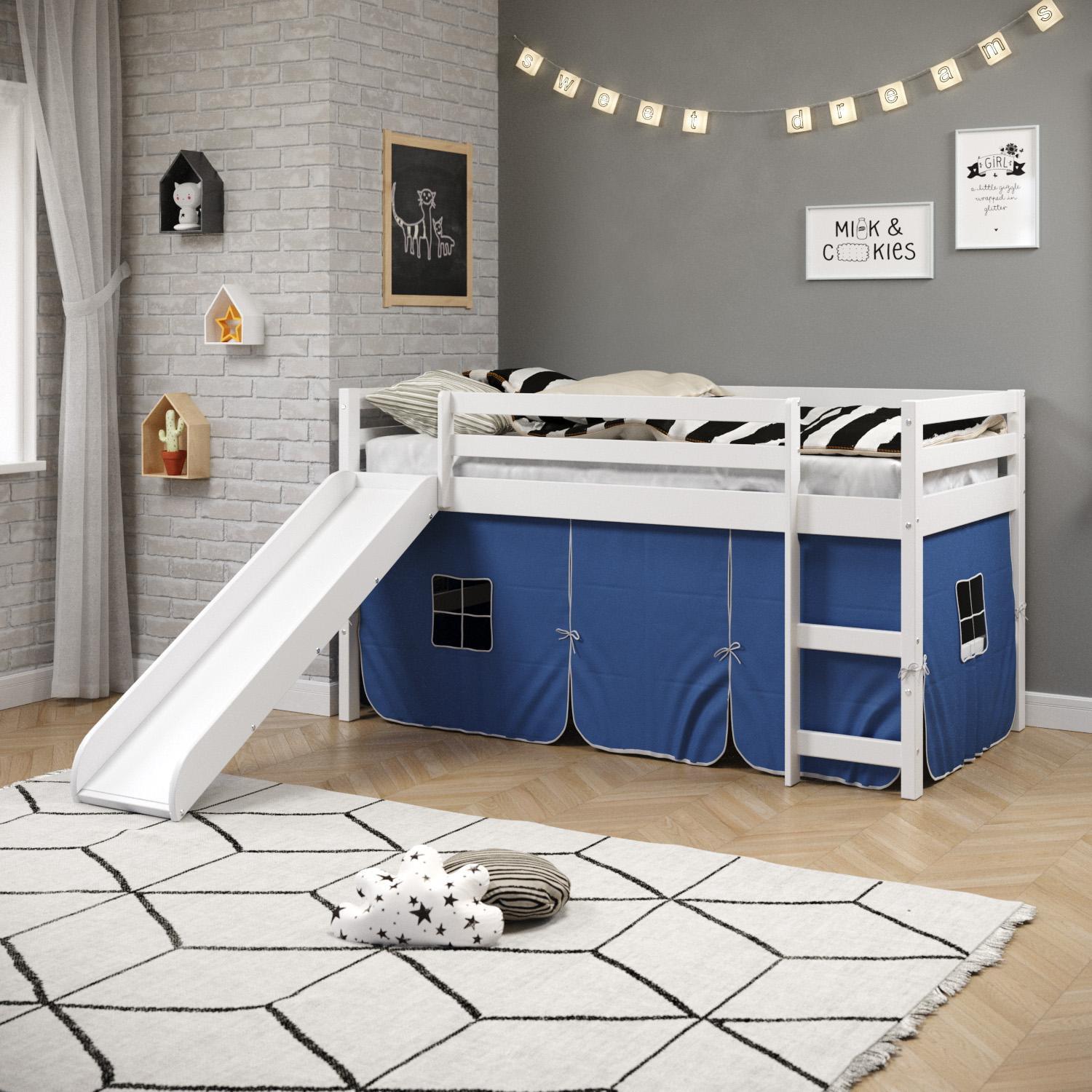 Donco Kids Low Loft Bed with Slide and Blue Tent, Twin, White
