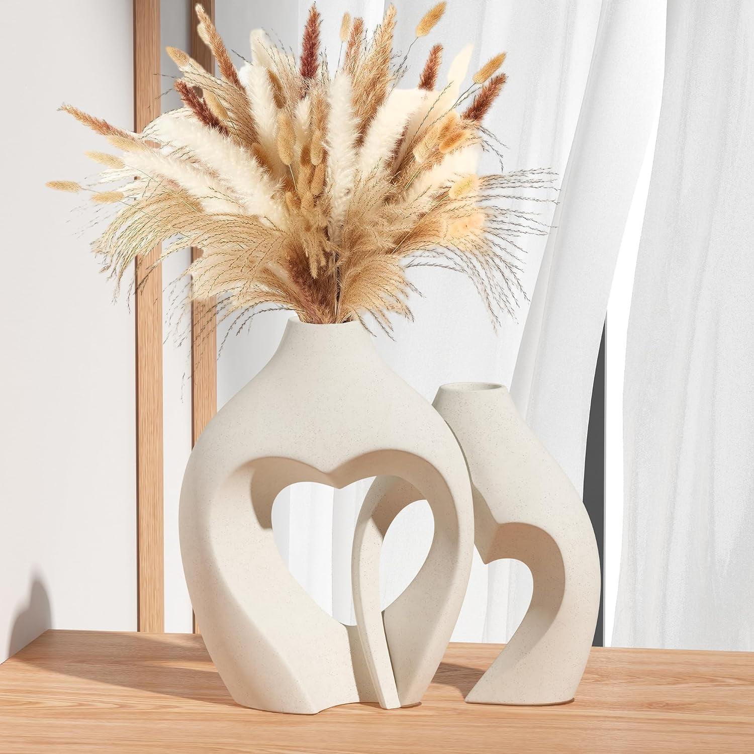 White Vases For Decor, Heart Shaped Ceramic Vase Set Of 2, Nordic Heart Shaped Vases, Minimalist Decorative Vase For Table Centerpiece Wedding Dining Living Room Office House Decoration