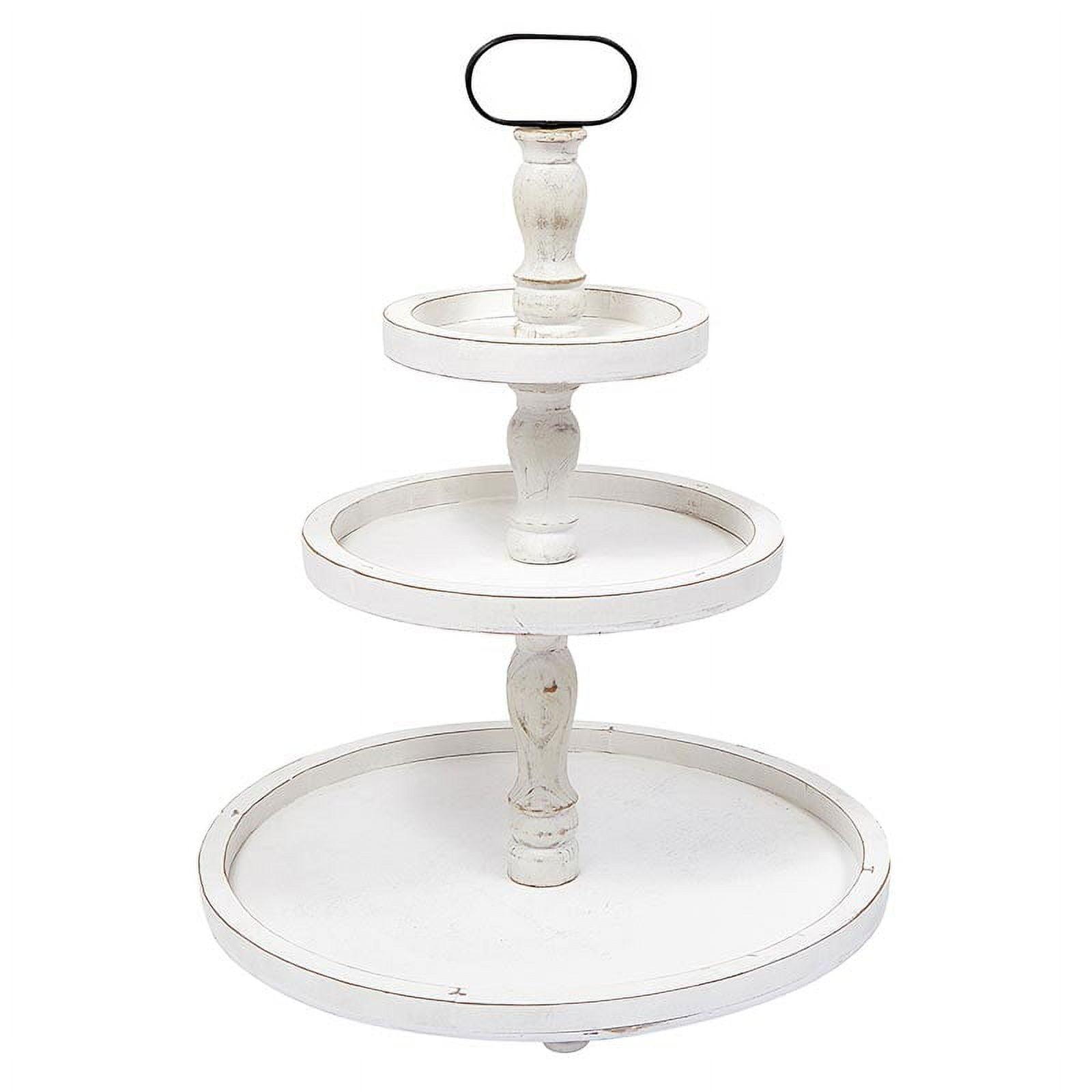 White Distressed Wood and Metal 3-Tier Round Stand