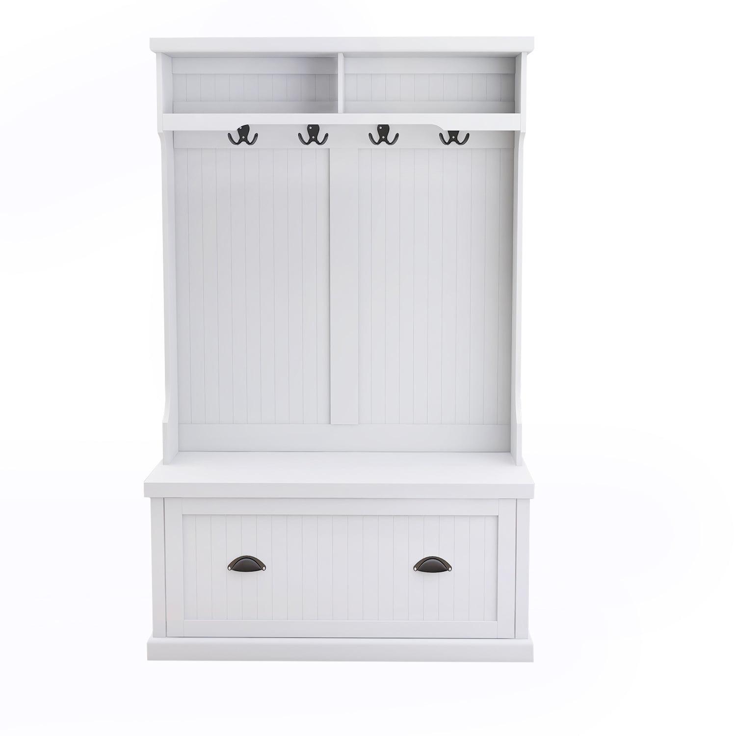 AndMakers White Wood Hall Tree with Bench Shoe Cabinet