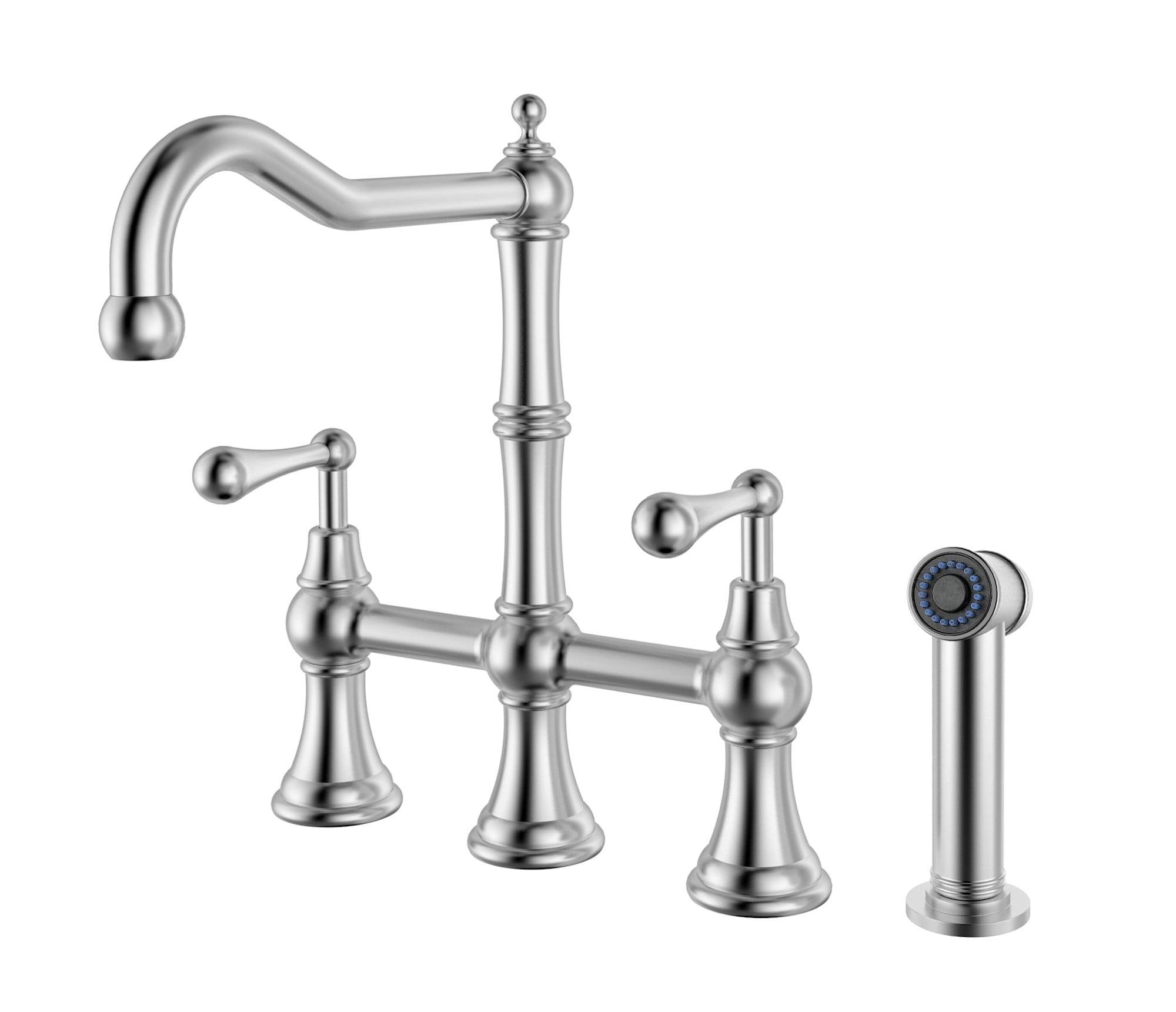 Whitehaus Collection Lead-Free Solid Stainless Steel Bridge Faucet with a Long Traditional Spout, Lever Handles and Side Spray