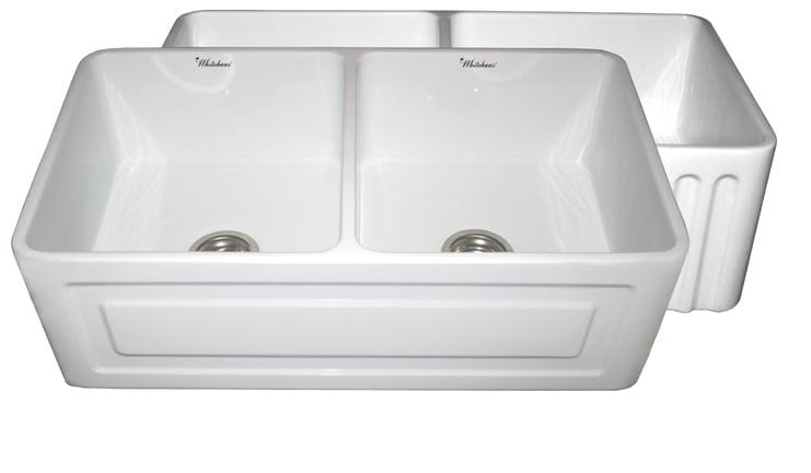 Whitehaus Collection 33" Reversible Double Bowl Fireclay Kitchen Sink: Panel & Fluted Front Apron