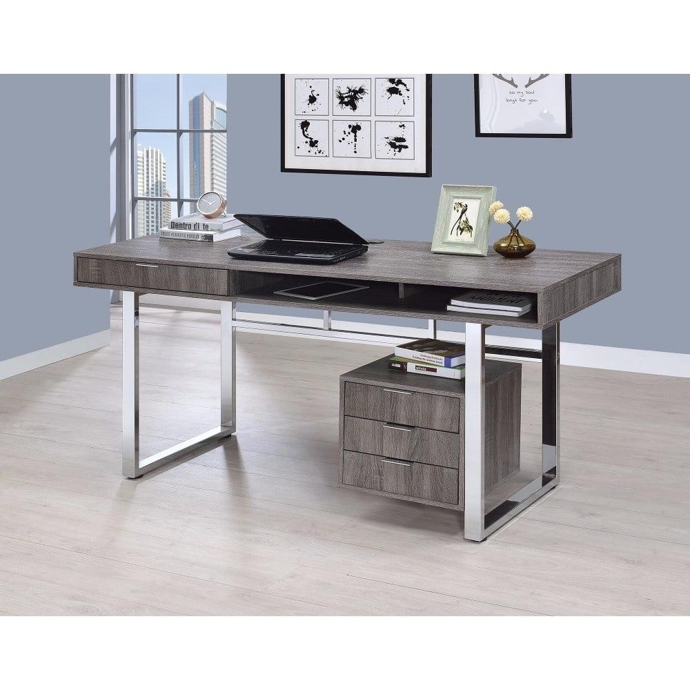 Weathered Gray Wood Writing Desk with Chrome Frame and Drawers