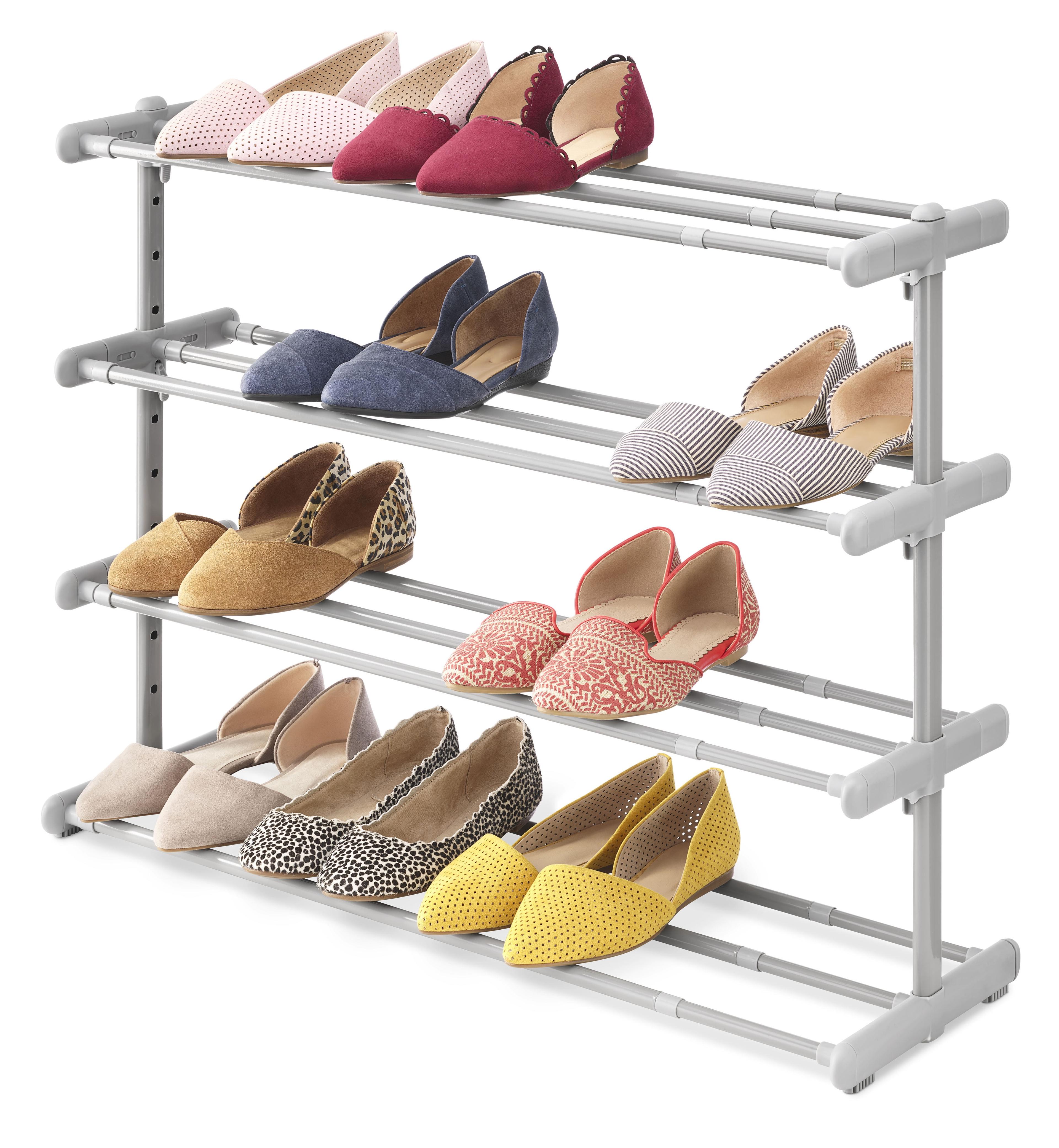 Whitmor 4 Tier Extendable Shoe Rack Gray: Steel Frame, Holds 24 Pairs, Freestanding, 45.67" W x 21.85" H x 9.25" D