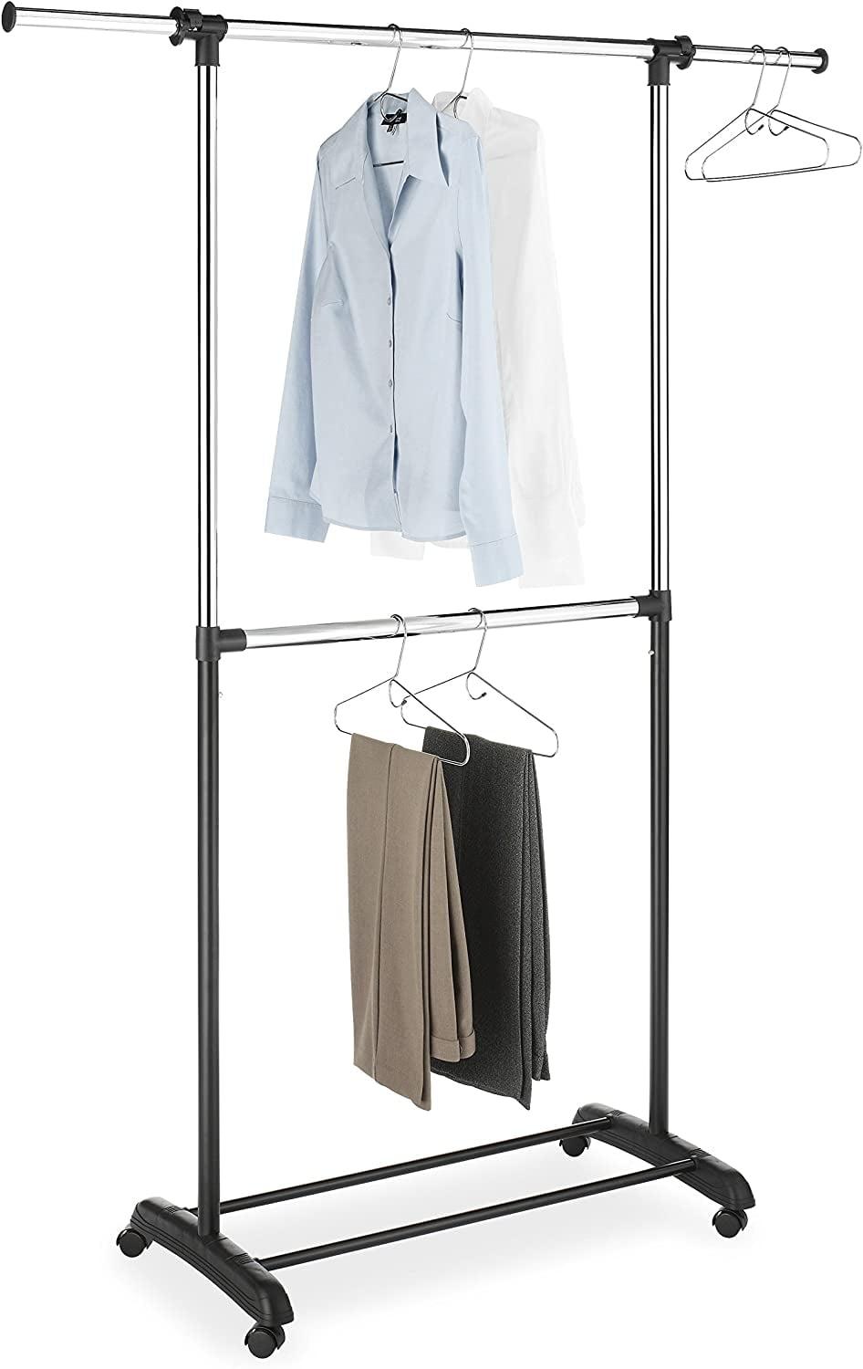 Adjustable Black and Chrome Rolling Garment Rack with Dual Rods