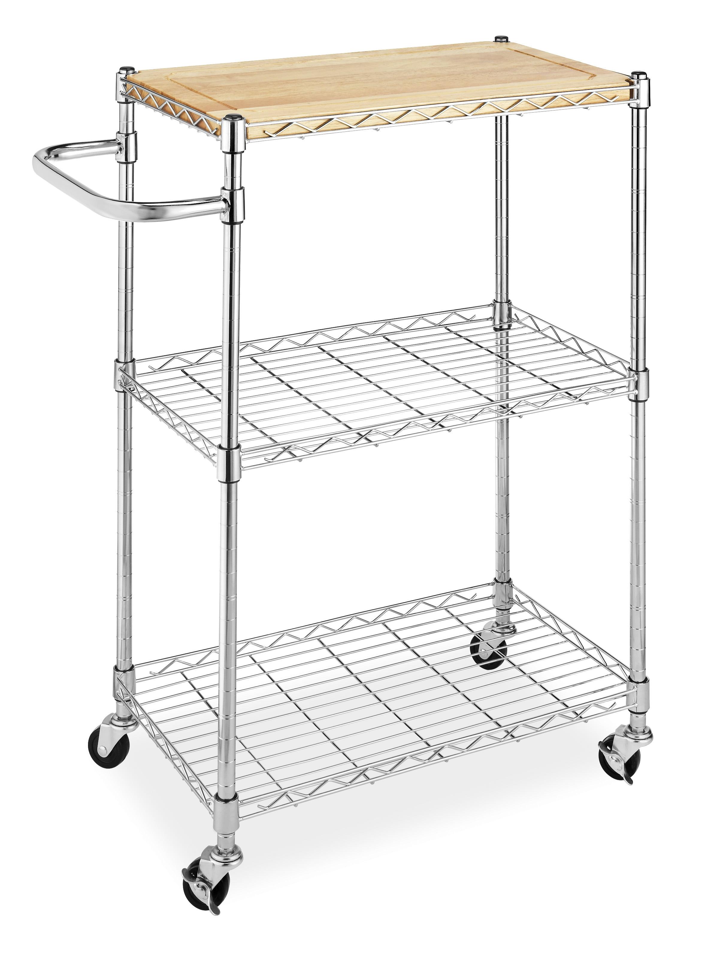 Whitmor Chrome and Wood Rolling Kitchen Utility Cart with Storage