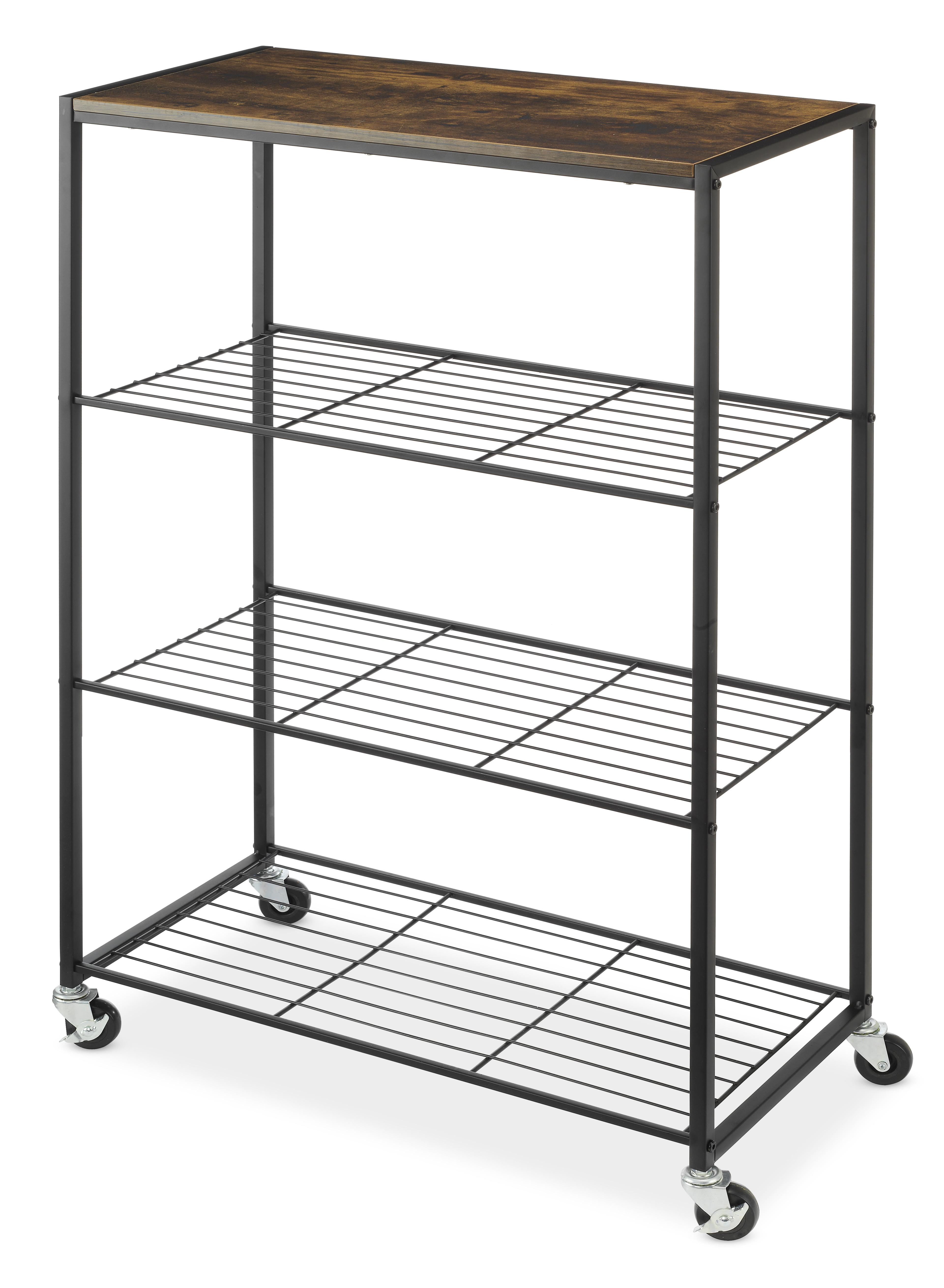 Whitmor Black Metal and Woodgrain 4-Tier Rolling Storage Rack