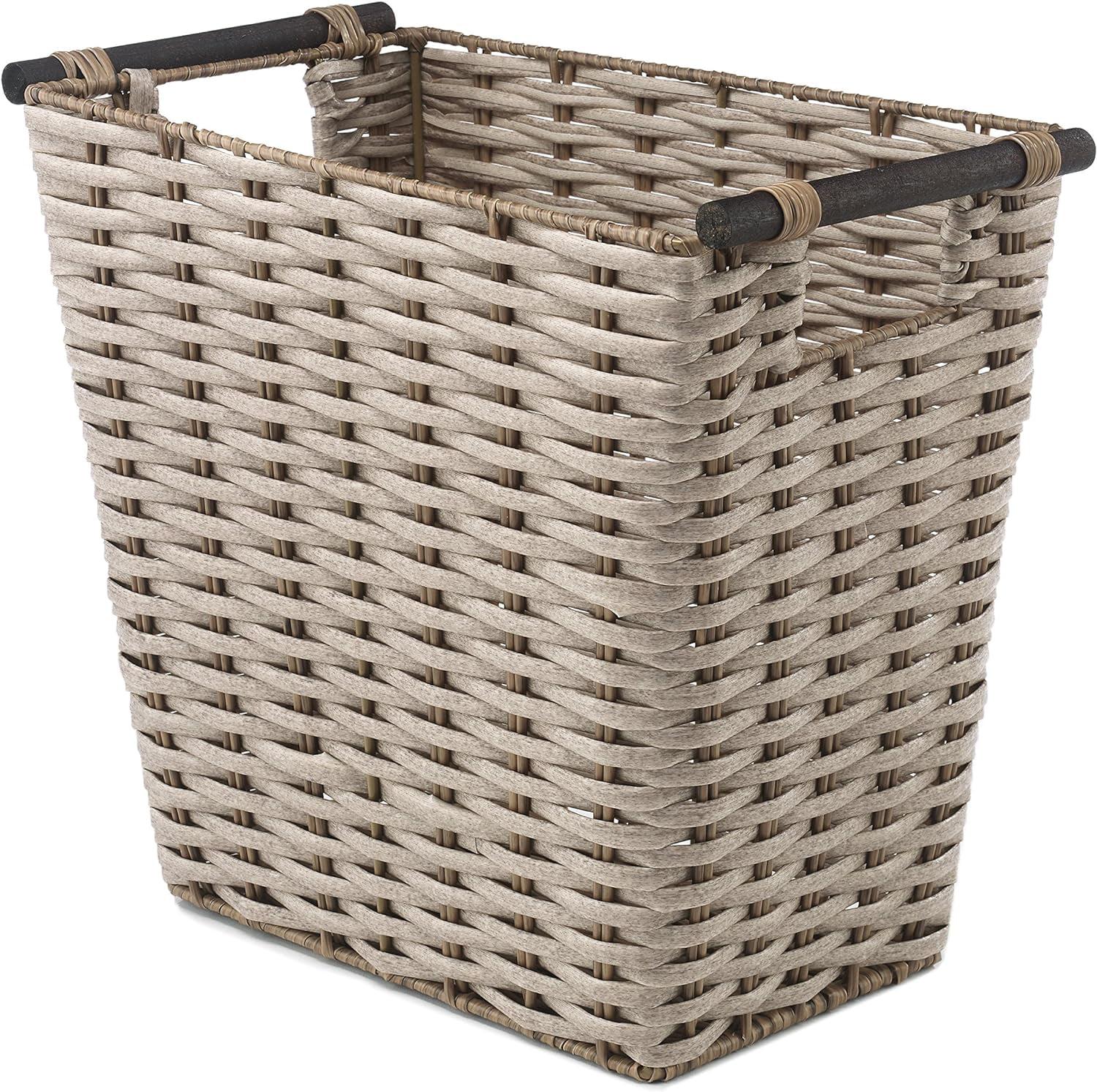 Beige Woven PE Rush Waste Basket with Wood Handles