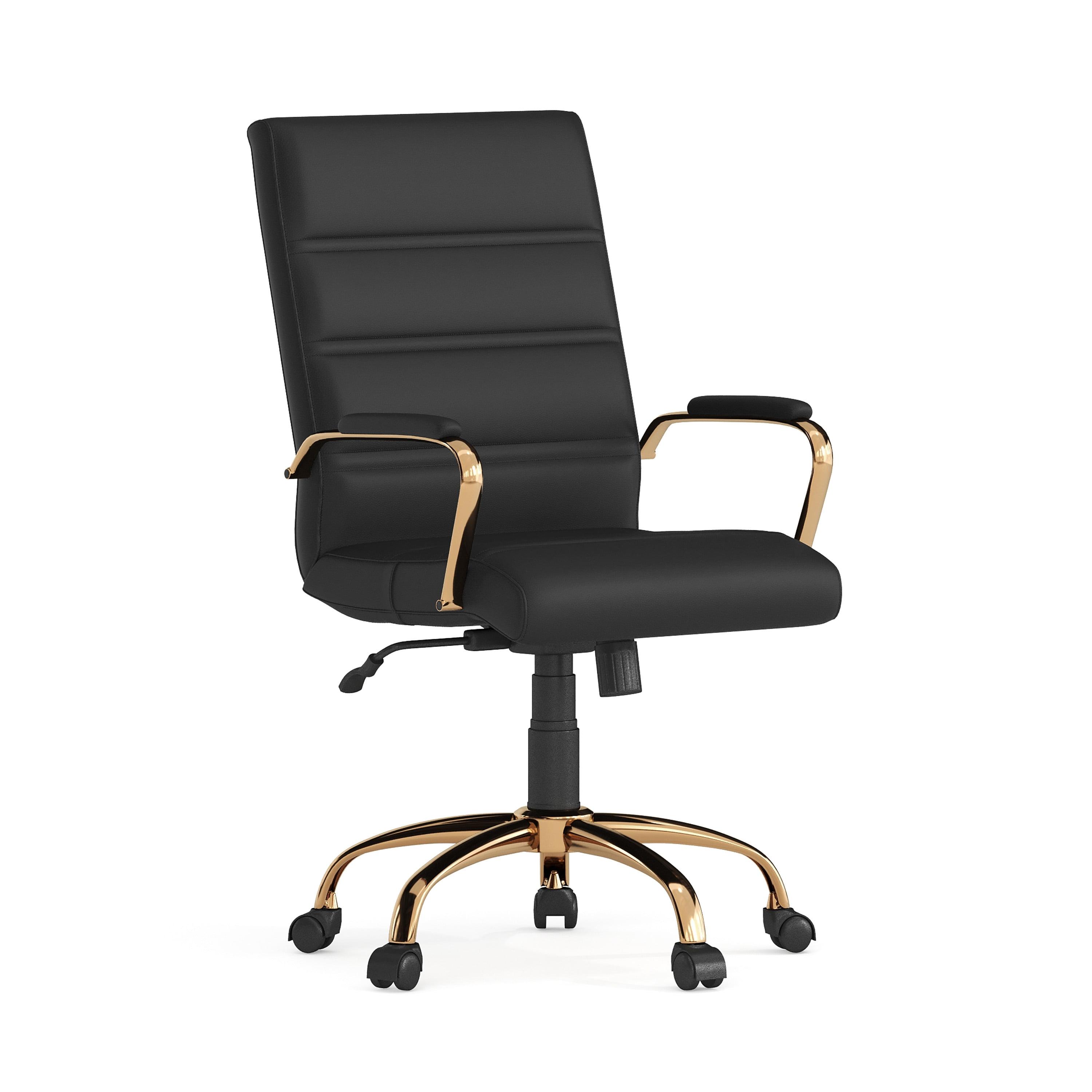 Mid-Back Black LeatherSoft Executive Swivel Office Chair with Gold Frame