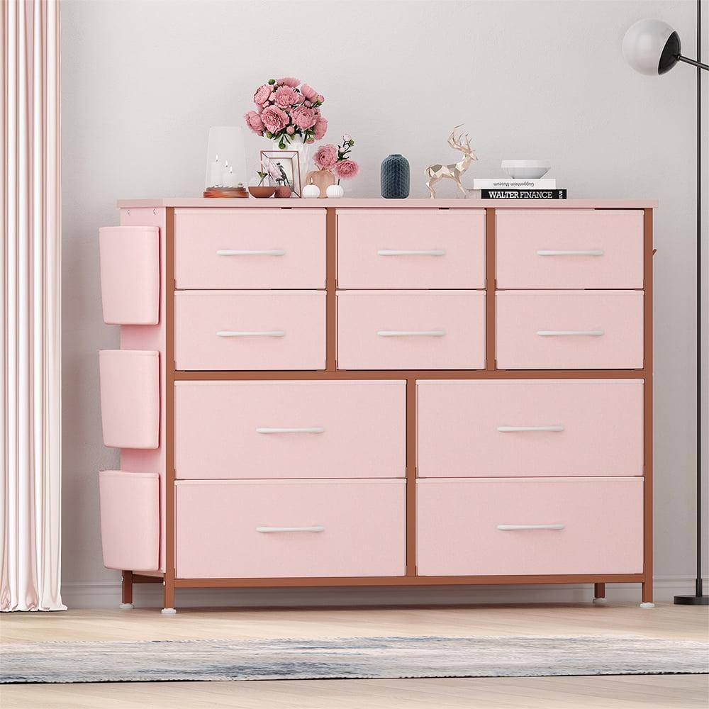 10 Drawer Dresser Chest of Drawers for Bedroom Living Room, Fabric Storage Organizer With Wood Top, Side Pockets & Hooks for Entryway, Hallway, Closet, Nursery, Pink