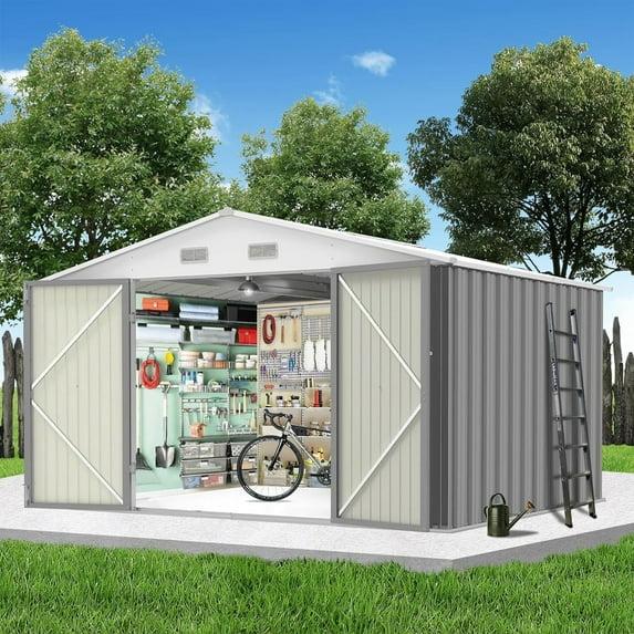 Seizeen Sheds and Outdoor Storage, 10 x 8FT Metal Patio Tool Storage Sheds w/Adjustable Shelf and Lockable Door, Galvanized Storage Shed for Backyard Garden, Gray