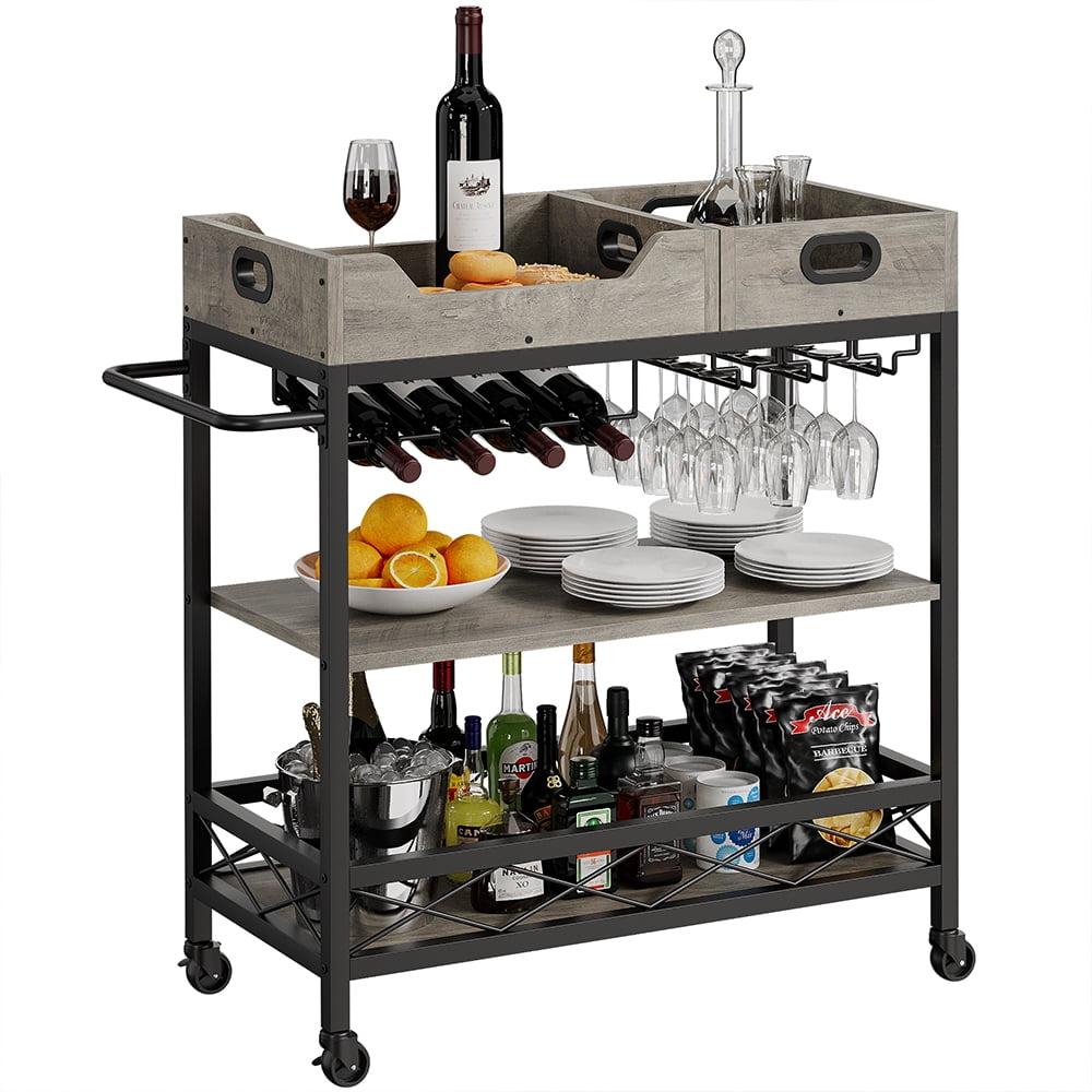 Grey MDF and Metal 3-Tier Bar Cart with Wine Rack