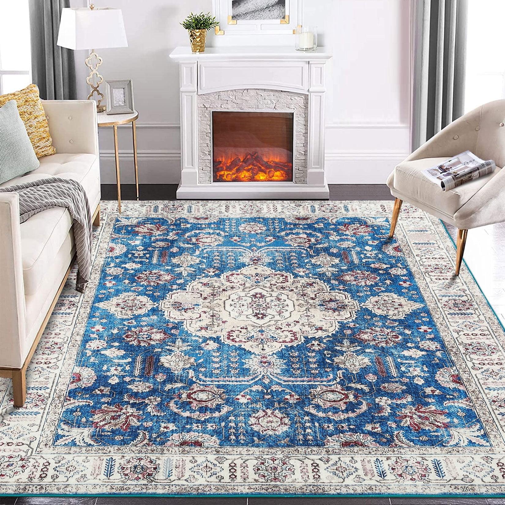 Garvee 8' x 10' Area Rug for Living Room Bedroom Boho Oriental Rug Distressed Soft Foldable Rug Non Slip Throw Carpet for Dining Room Home Office, Blue