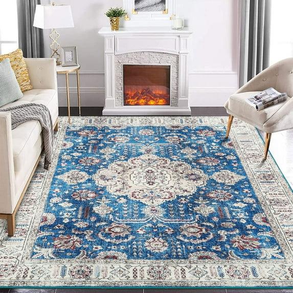 GlowSol 8x10 Floral Area Rug for Living Room Bedroom Retro Distressed Area Rug Traditional Medallion Non-Slip Low Pile Carpet Floor Decoration, Blue