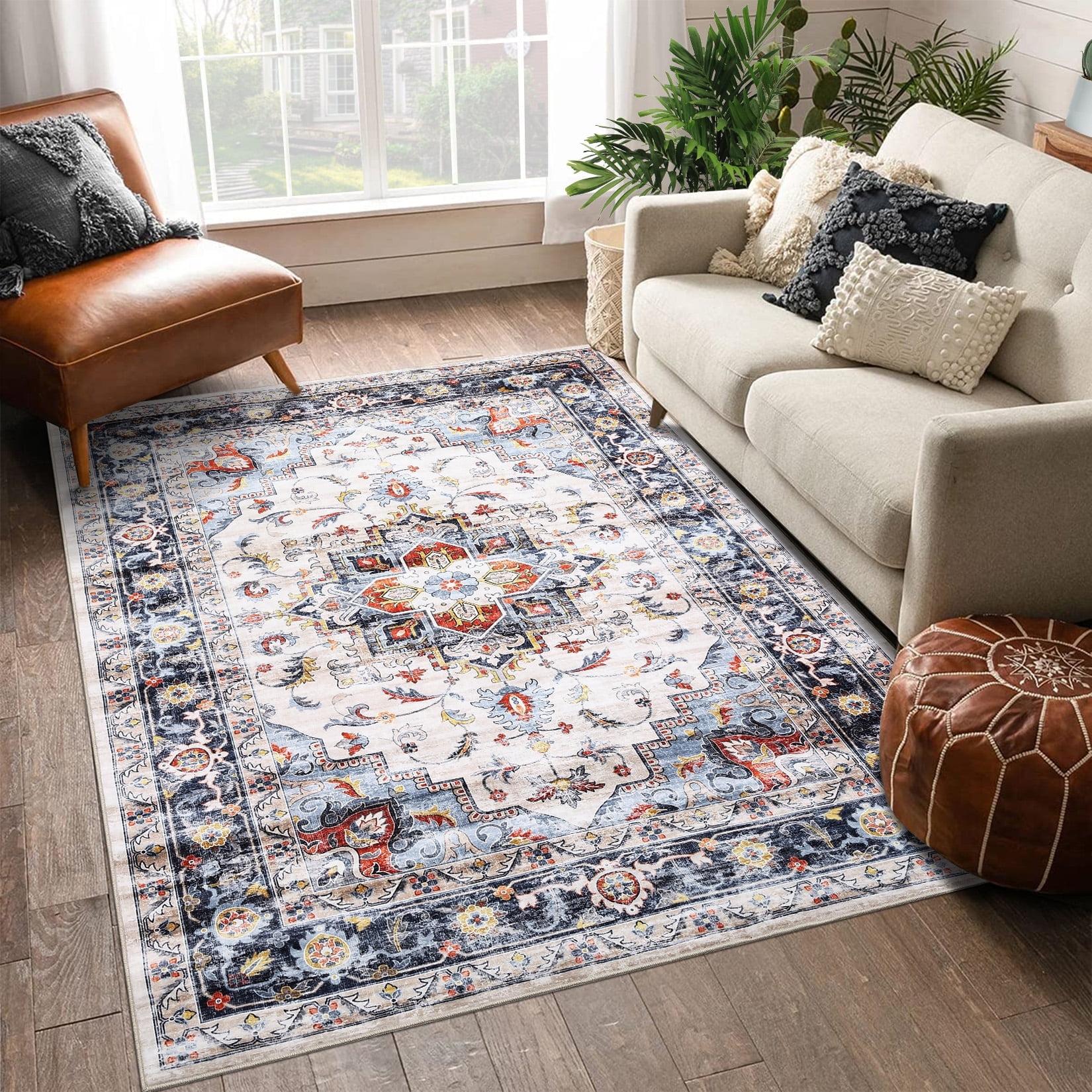 9x12 Area Rug Vintage Medallion Distressed Rug Machine Washable Area Rugs for Living Room Non-Slip Stain Resistant Accent Rug, Blue