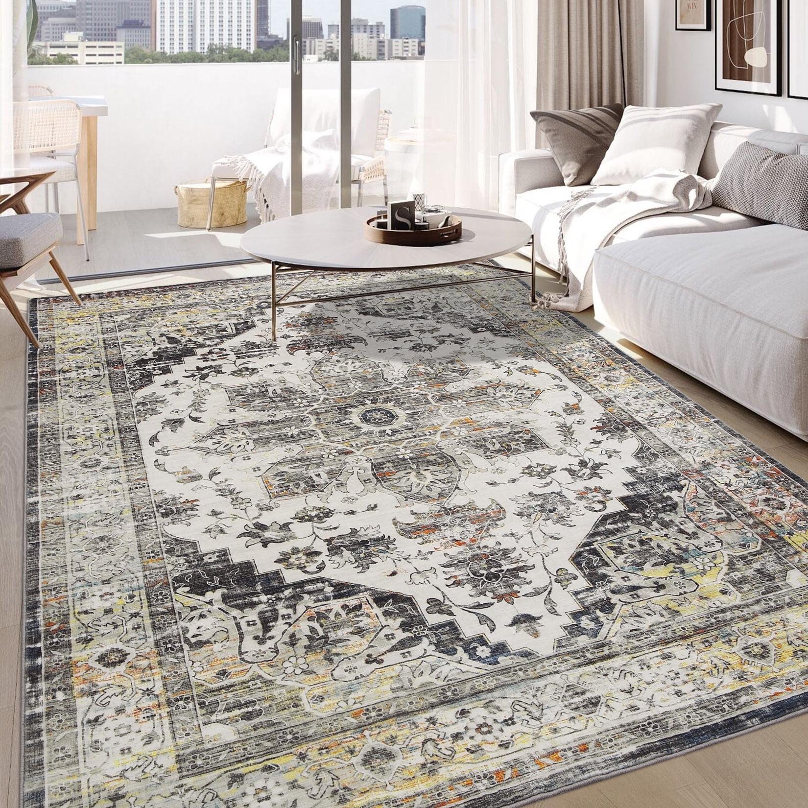 Garvee 9' x 12' Large Rug Vintage Persian Area Rugs Distressed Print Carpet Floral Pattern Rug No-Slip Low Pile Rug Living Room Bedroom Rug, Gray