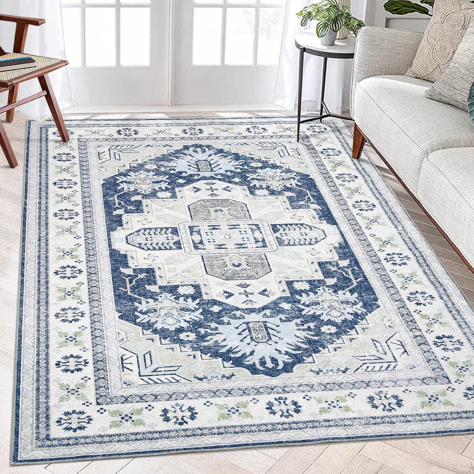 Garvee 9x12 Large Area Rug Washable Rug Vintage Floral Printed Carpet Boho Chenille Floor Cover Non-Slip Soft Foldable Thin Rug Home Decor, Blue/Beige